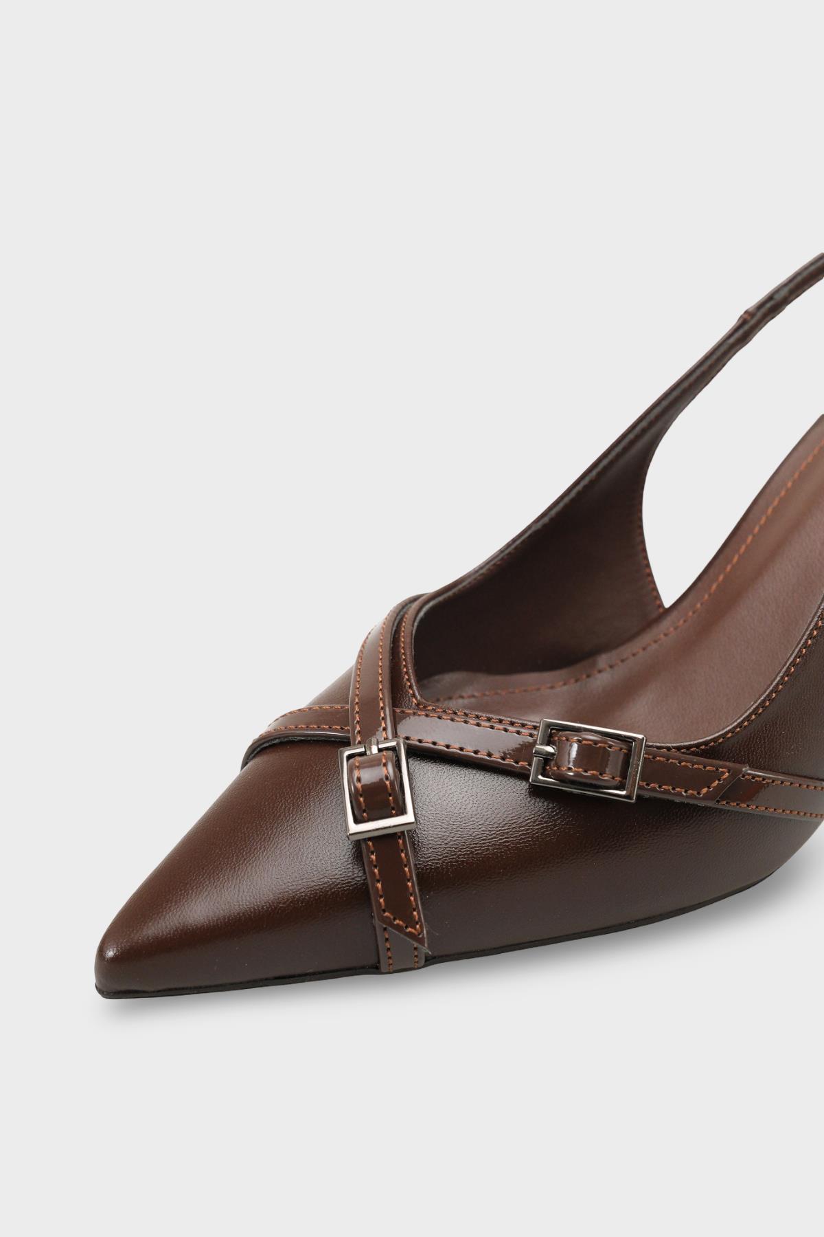 Capone Sarine Pointed Toe Mid Heel Cross Buckle Open Back Women Brown Shoe