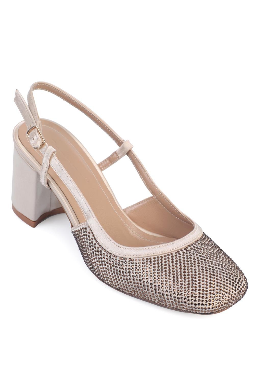 Capone Satin Crystal Embellished Back Strap Medium Heeled Women Beige Shoes