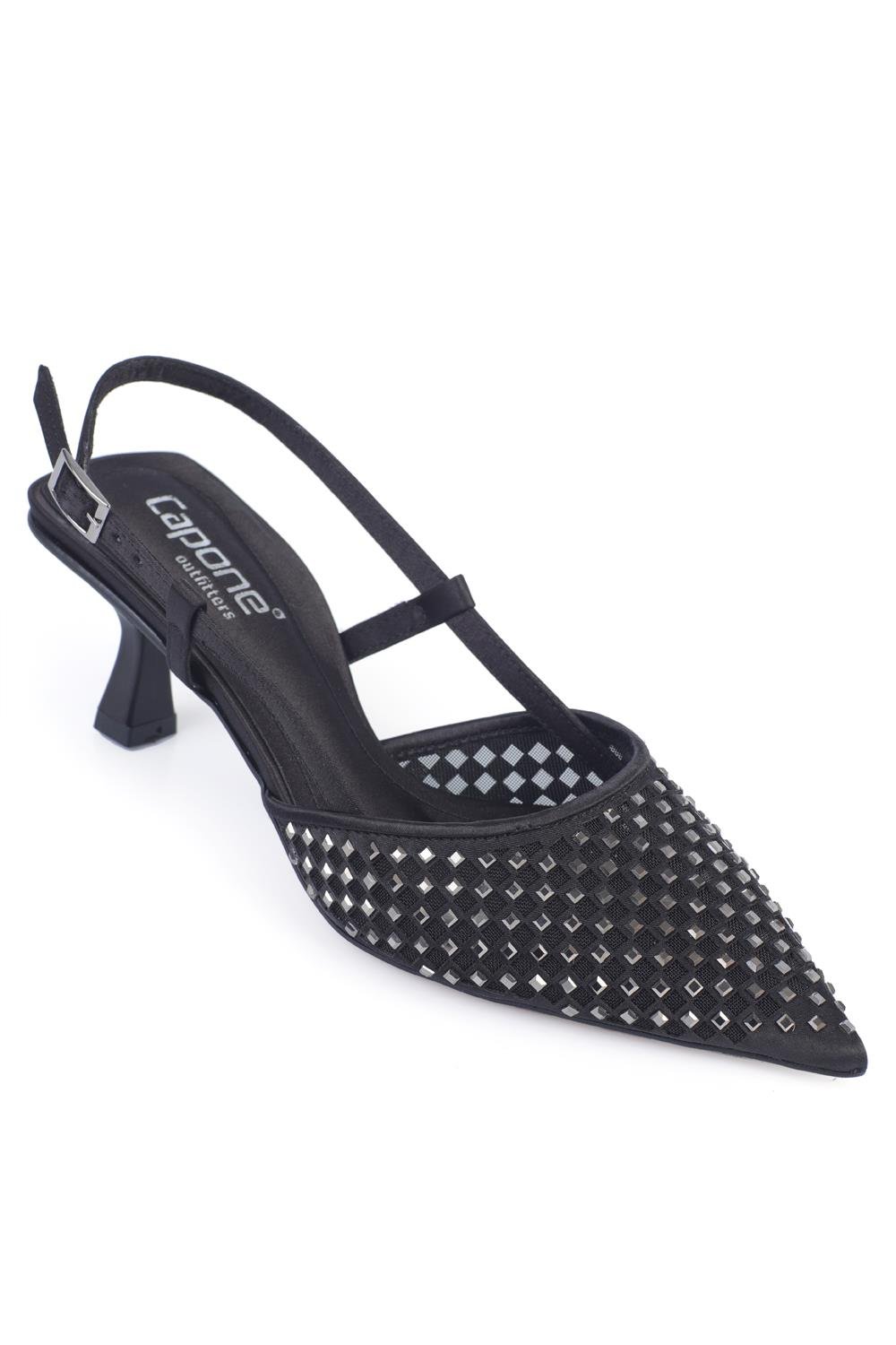 Capone Satin Crystal Embellished Medium Heeled Pointed Toe Open Back Women Satin Black Shoes