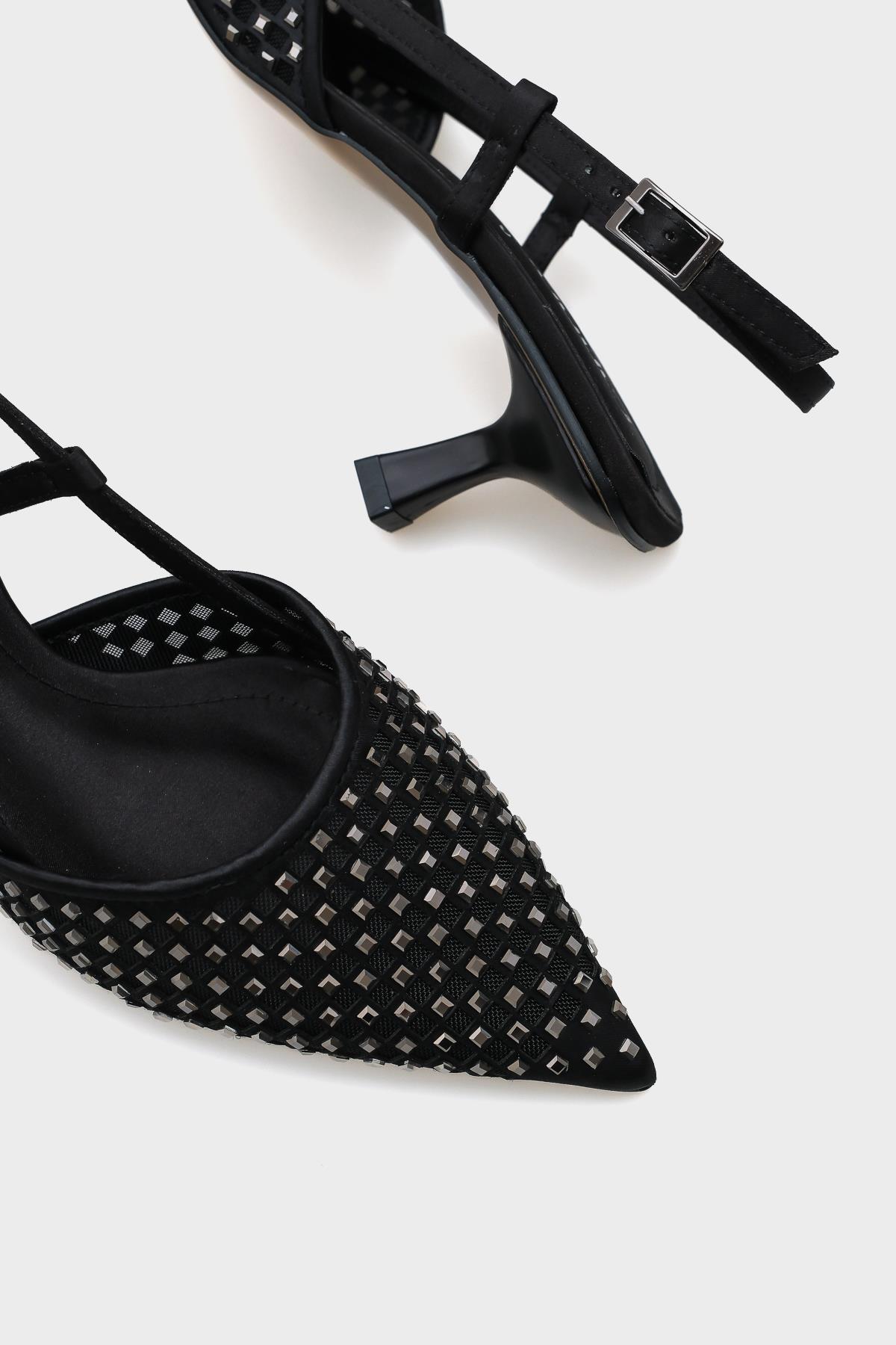 Capone Satin Crystal Embellished Medium Heeled Pointed Toe Open Back Women Satin Black Shoes