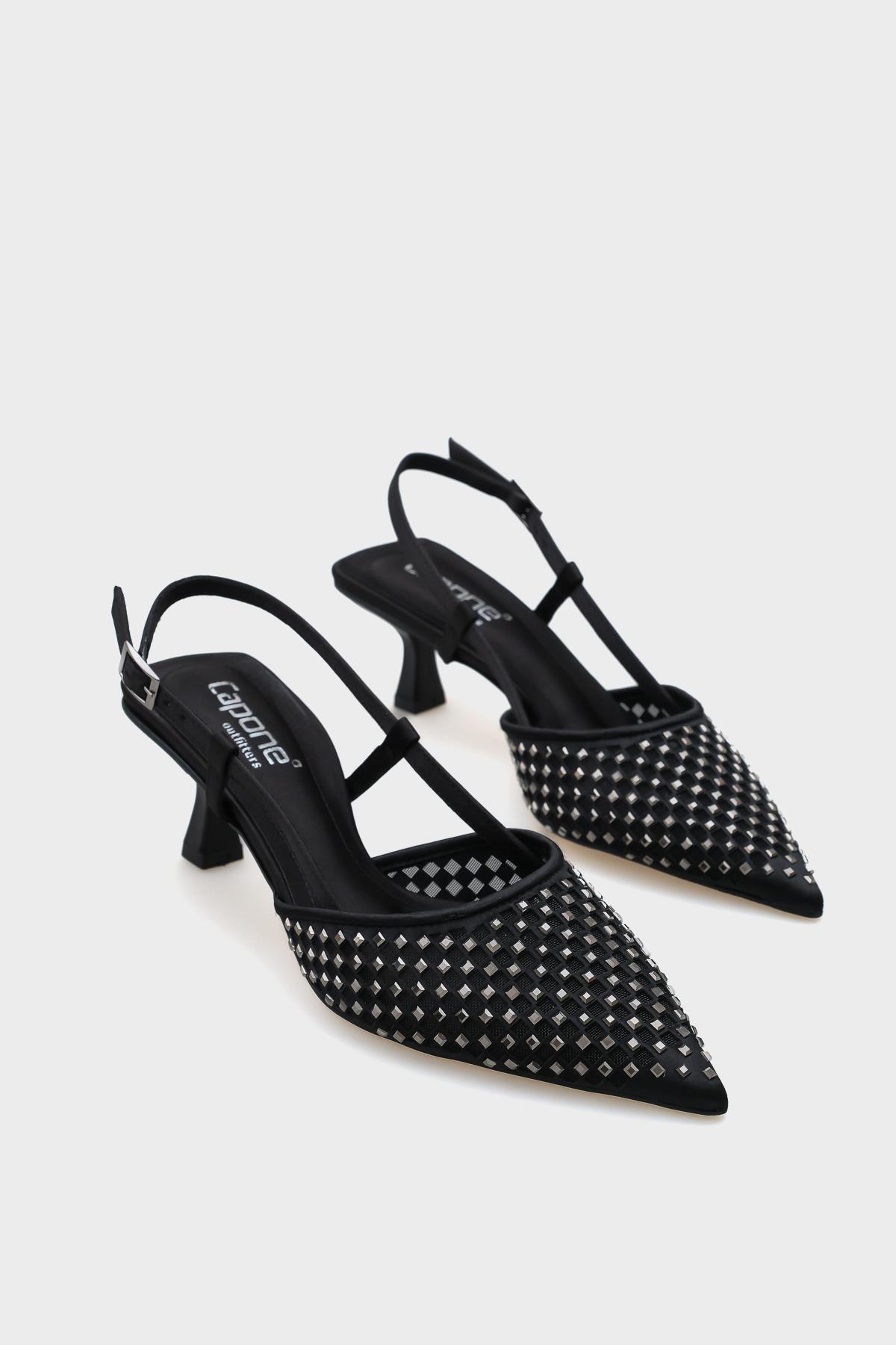 Capone Satin Crystal Embellished Medium Heeled Pointed Toe Open Back Women Satin Black Shoes
