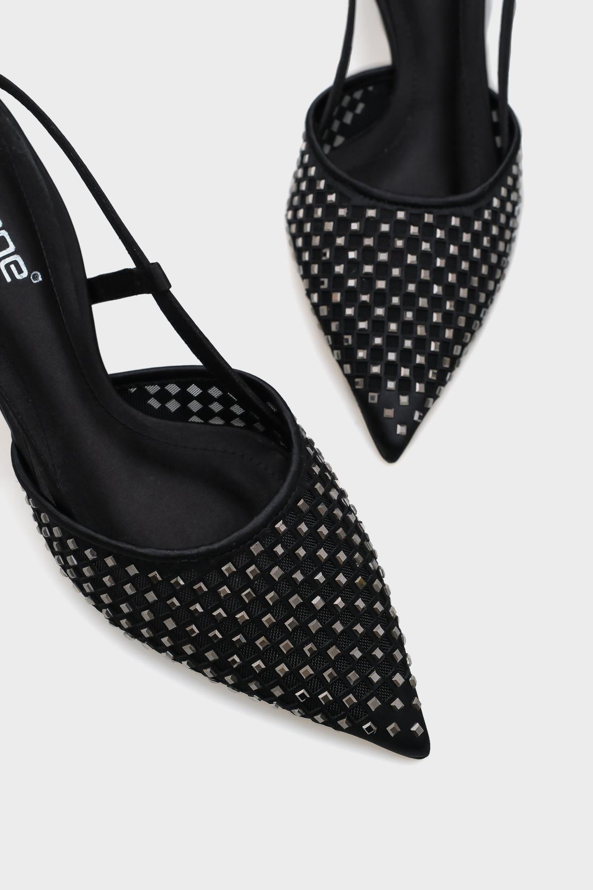 Capone Satin Crystal Embellished Medium Heeled Pointed Toe Open Back Women Satin Black Shoes