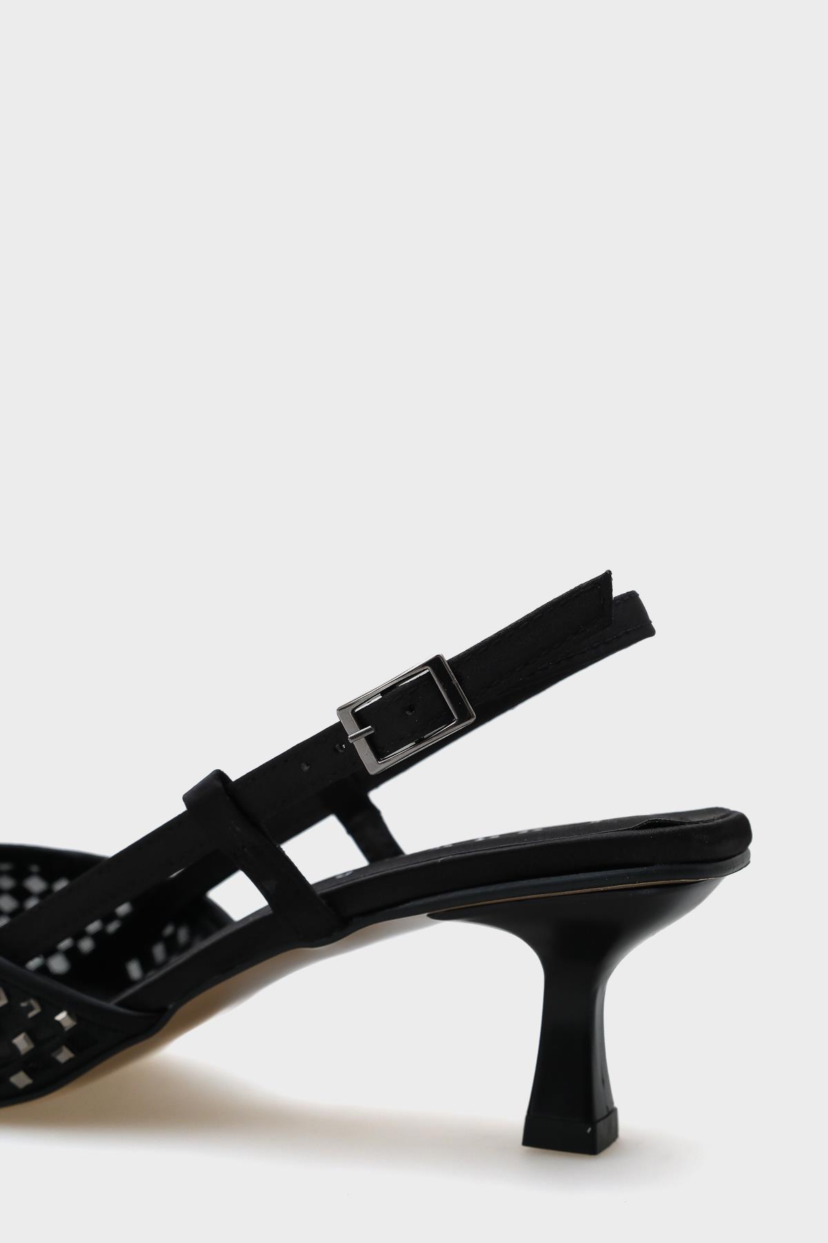 Capone Satin Crystal Embellished Medium Heeled Pointed Toe Open Back Women Satin Black Shoes