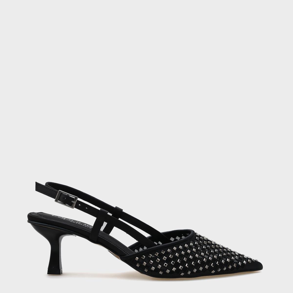 Capone Satin Crystal Embellished Medium Heeled Pointed Toe Open Back Women Satin Black Shoes