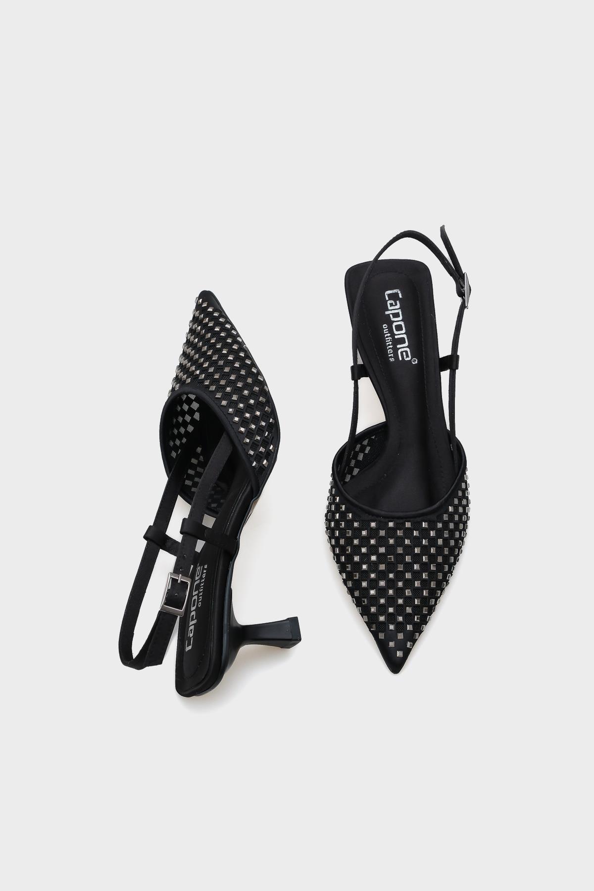 Capone Satin Crystal Embellished Medium Heeled Pointed Toe Open Back Women Satin Black Shoes