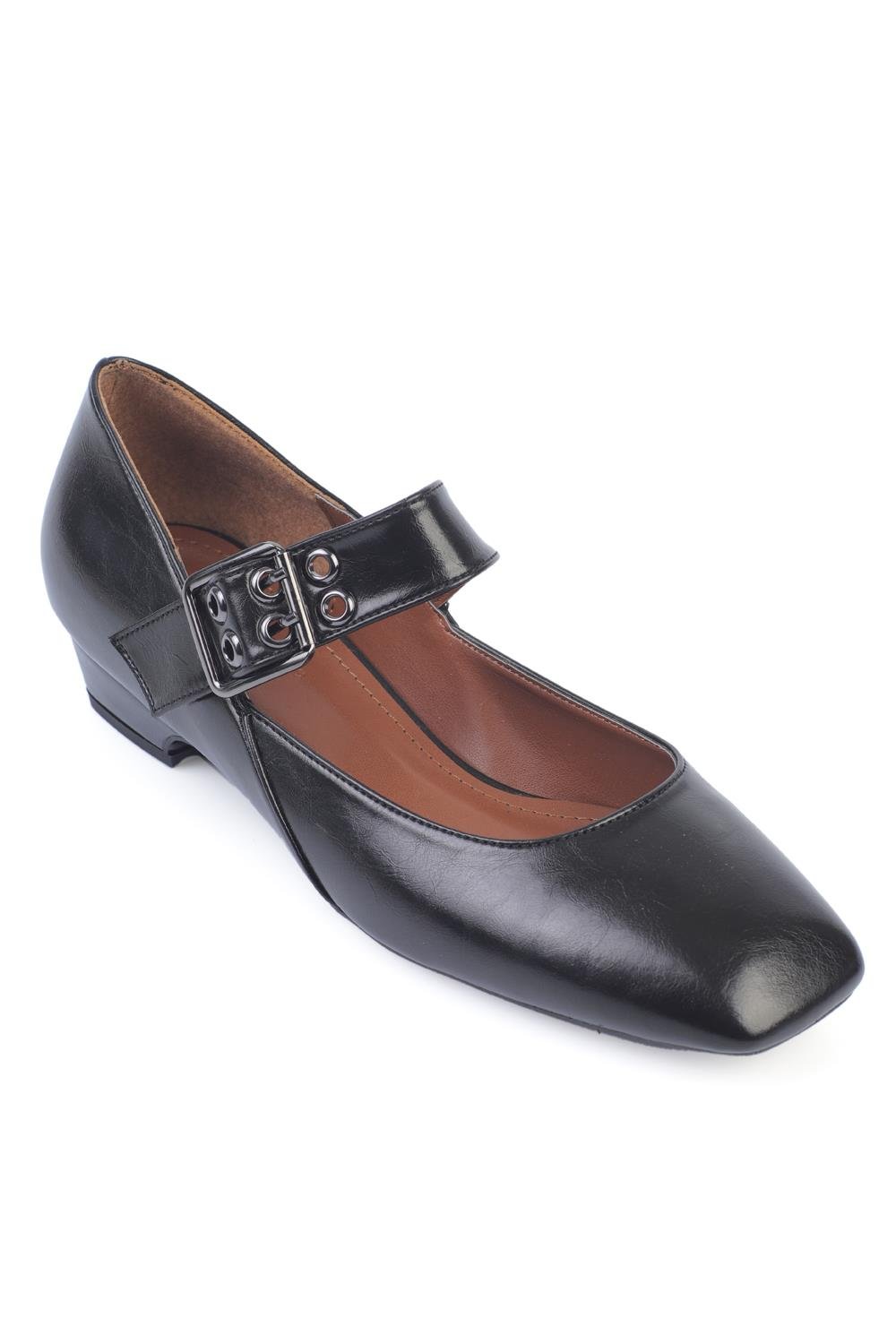 Capone Short Heeled Blunt Toe Strapped Women Black Mary Jane Shoes