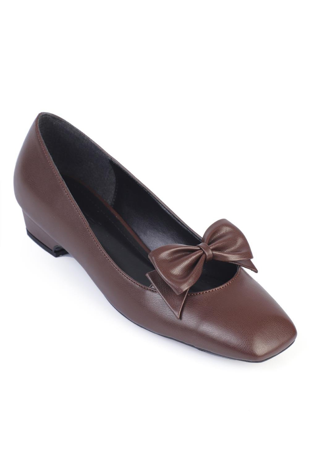 Capone Short Heeled Bow Satin Women Brown Mary Jane Shoes