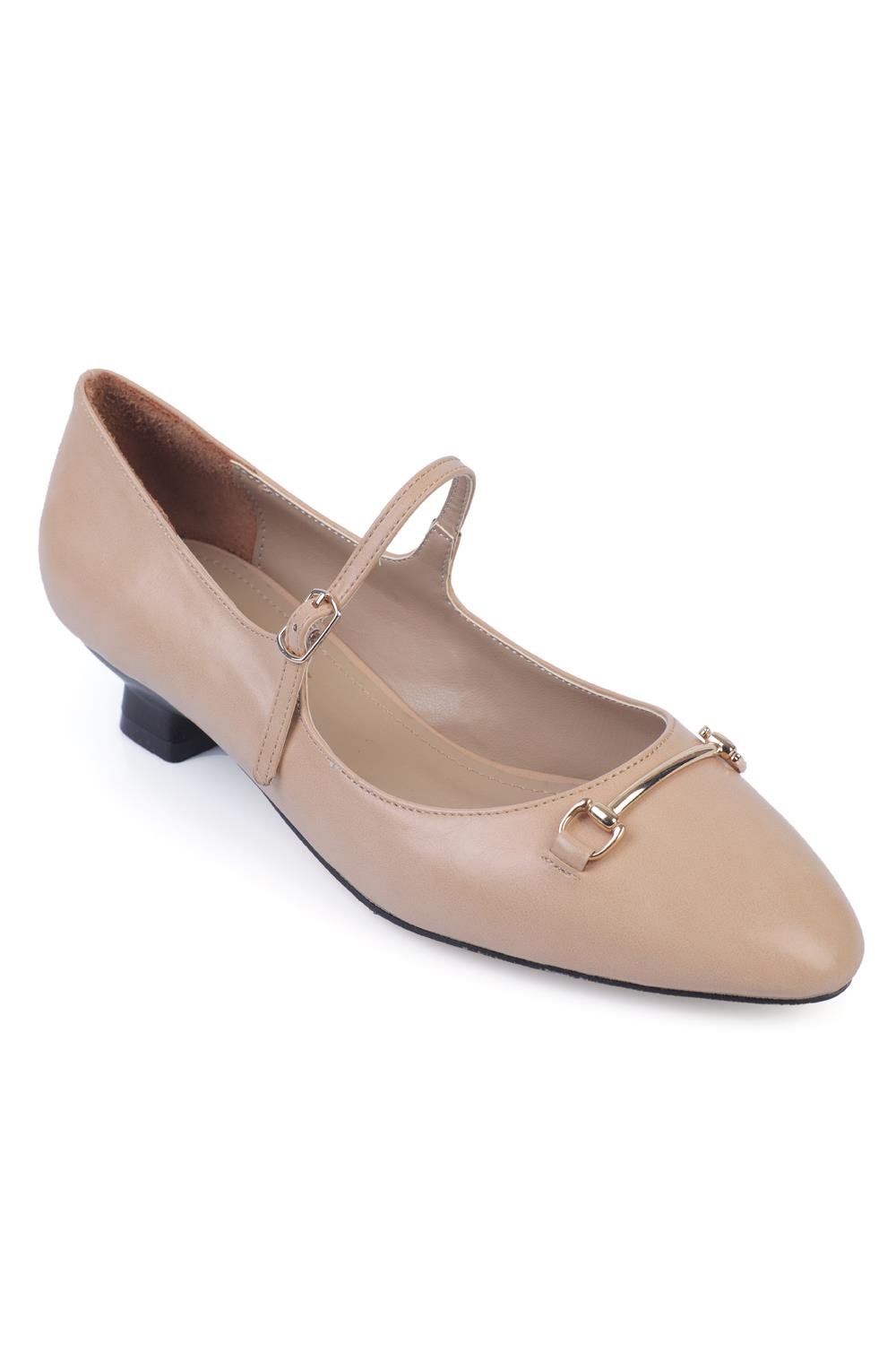 Capone Short-Heeled Metal Buckled Women Beige Shoes