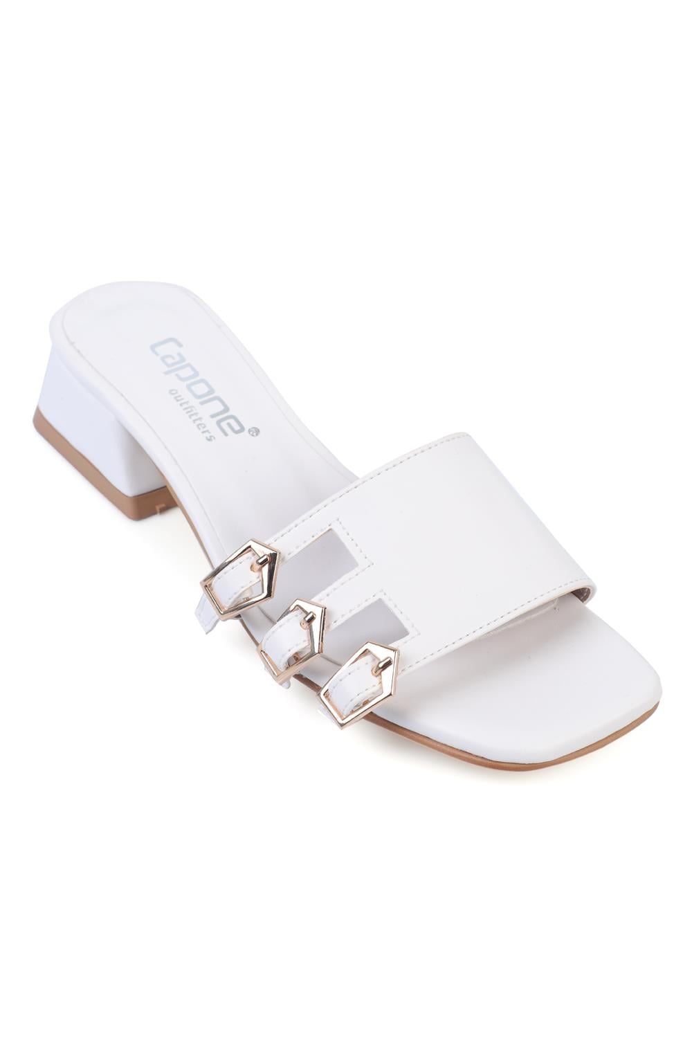 Capone Short Heeled Square Toe Buckled Women White Sandals