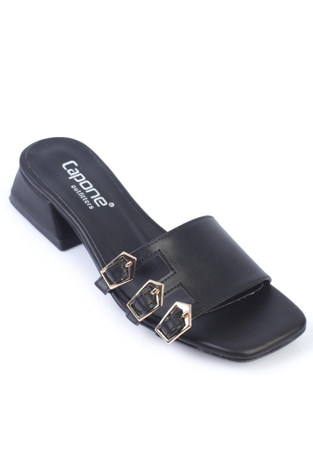 Capone Short Heeled Square Toe Buckled Women Black Sandals