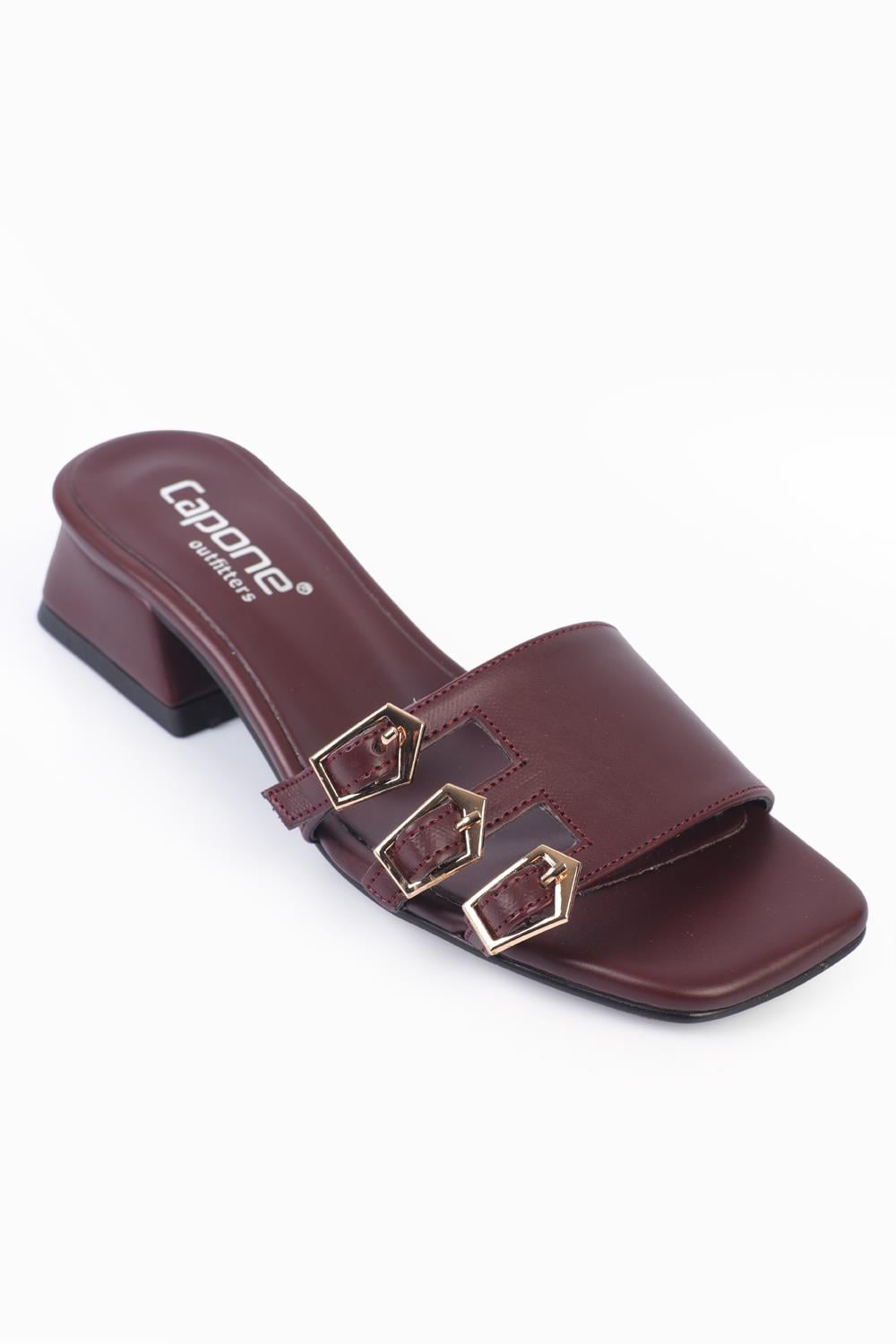 Capone Short Heeled Square Toe Buckled Women Burgundy Sandals