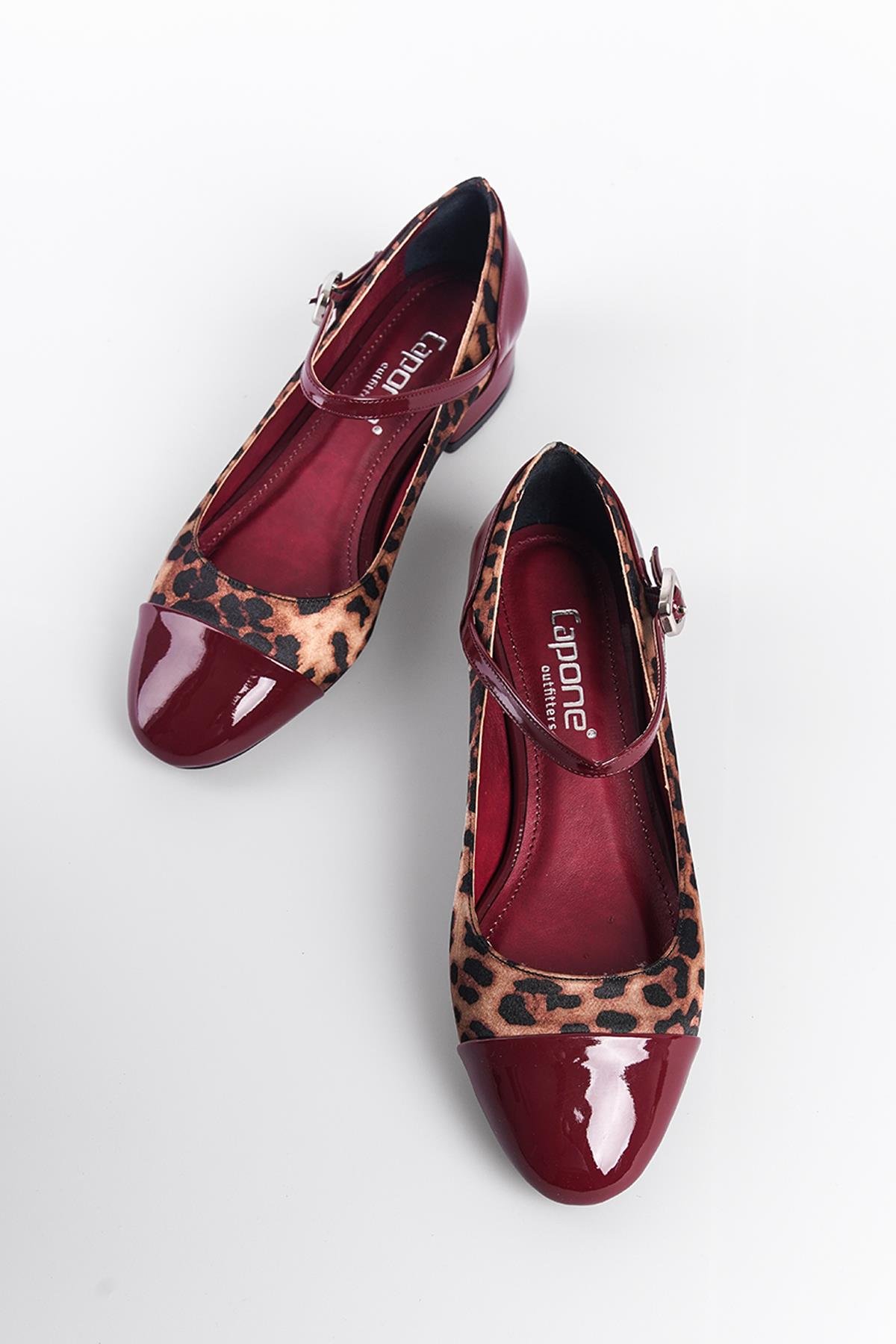 Capone Short-Heeled Strap Leopard Women Burgundy Shoes