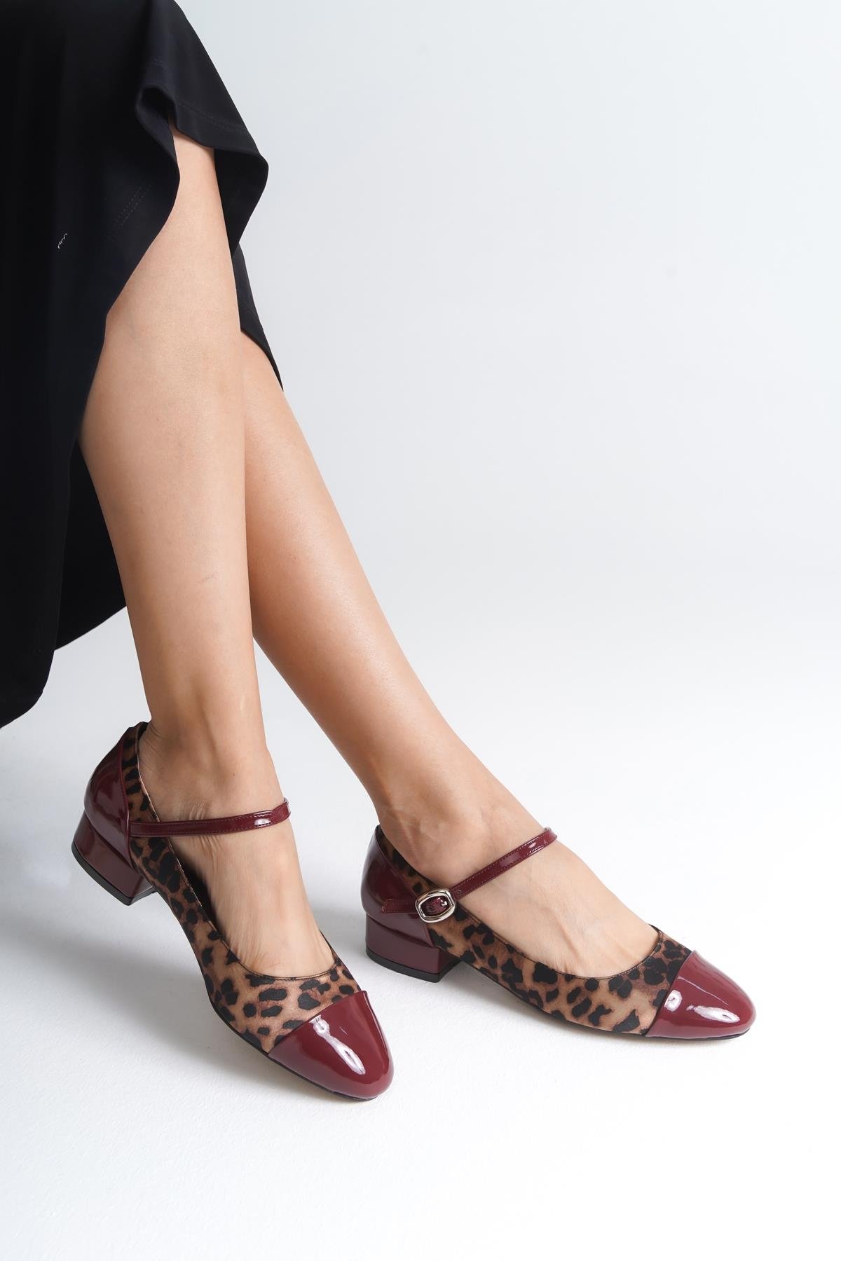 Capone Short-Heeled Strap Leopard Women Burgundy Shoes