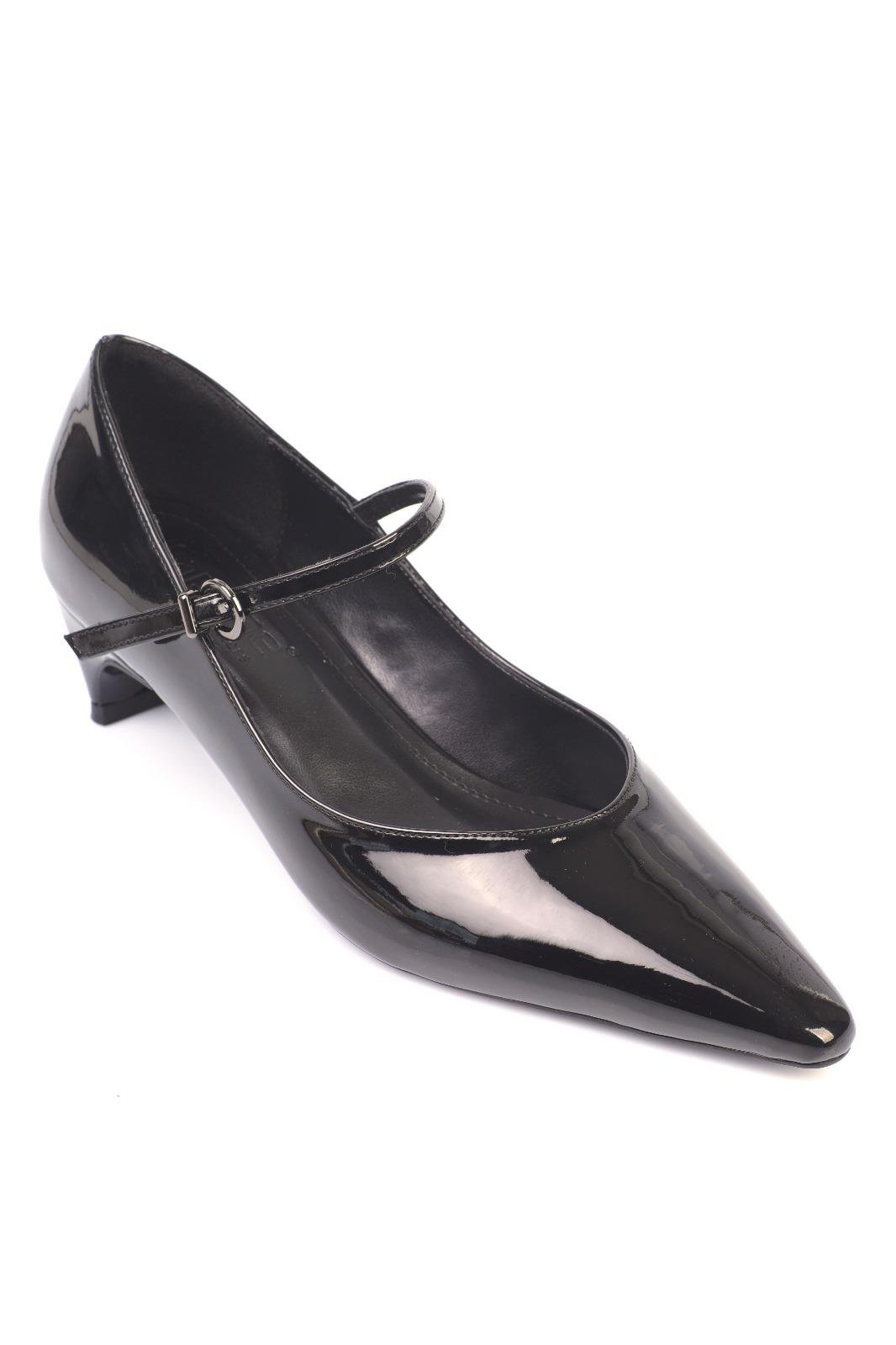 Capone Short Heeled Strapped Pointed Toe Faux Patent Women Patent Black Shoes
