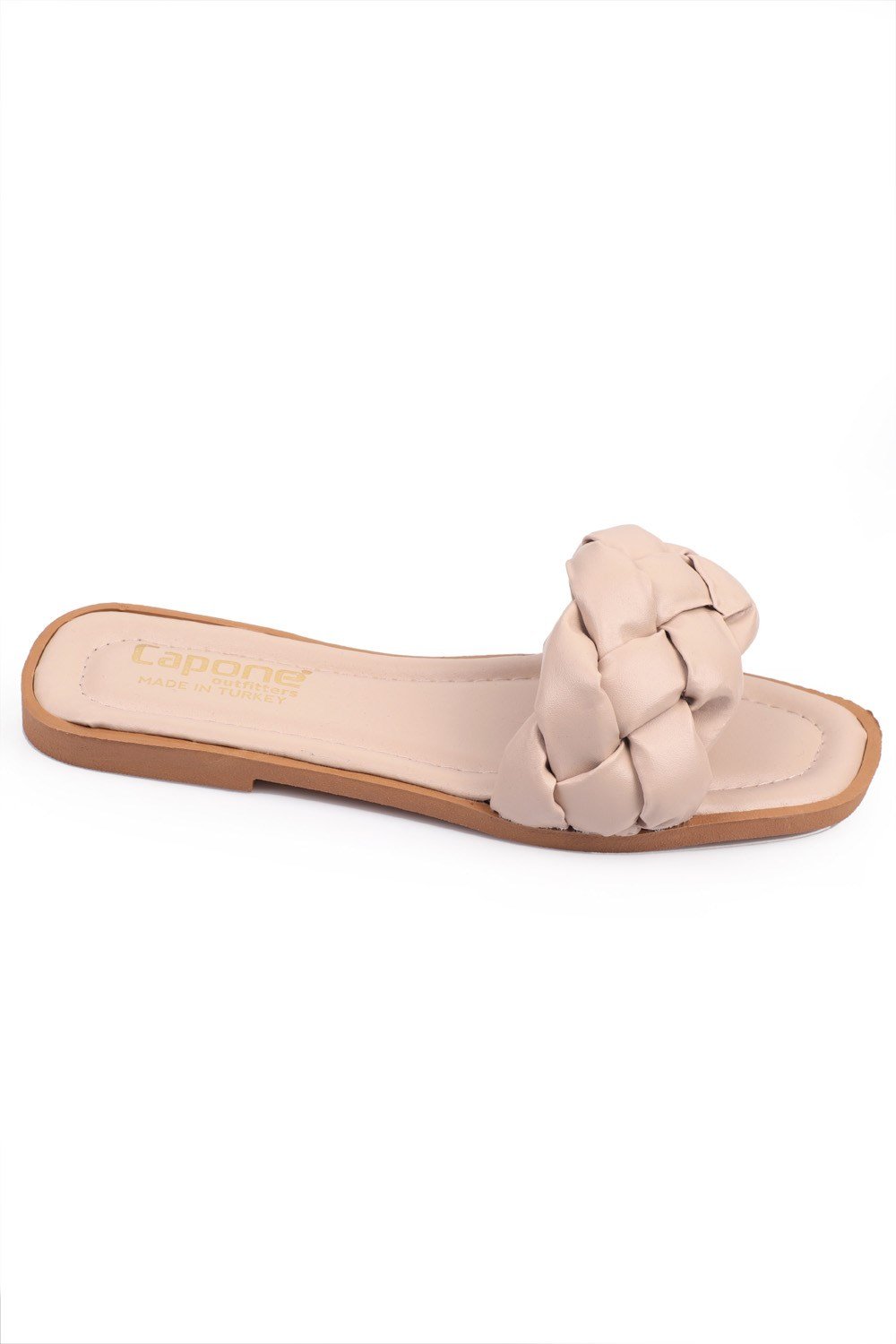 Capone Single Braided Band Soft Sole Blunt Toe Crinkly Patent Leather Women Beige Daily Sandals