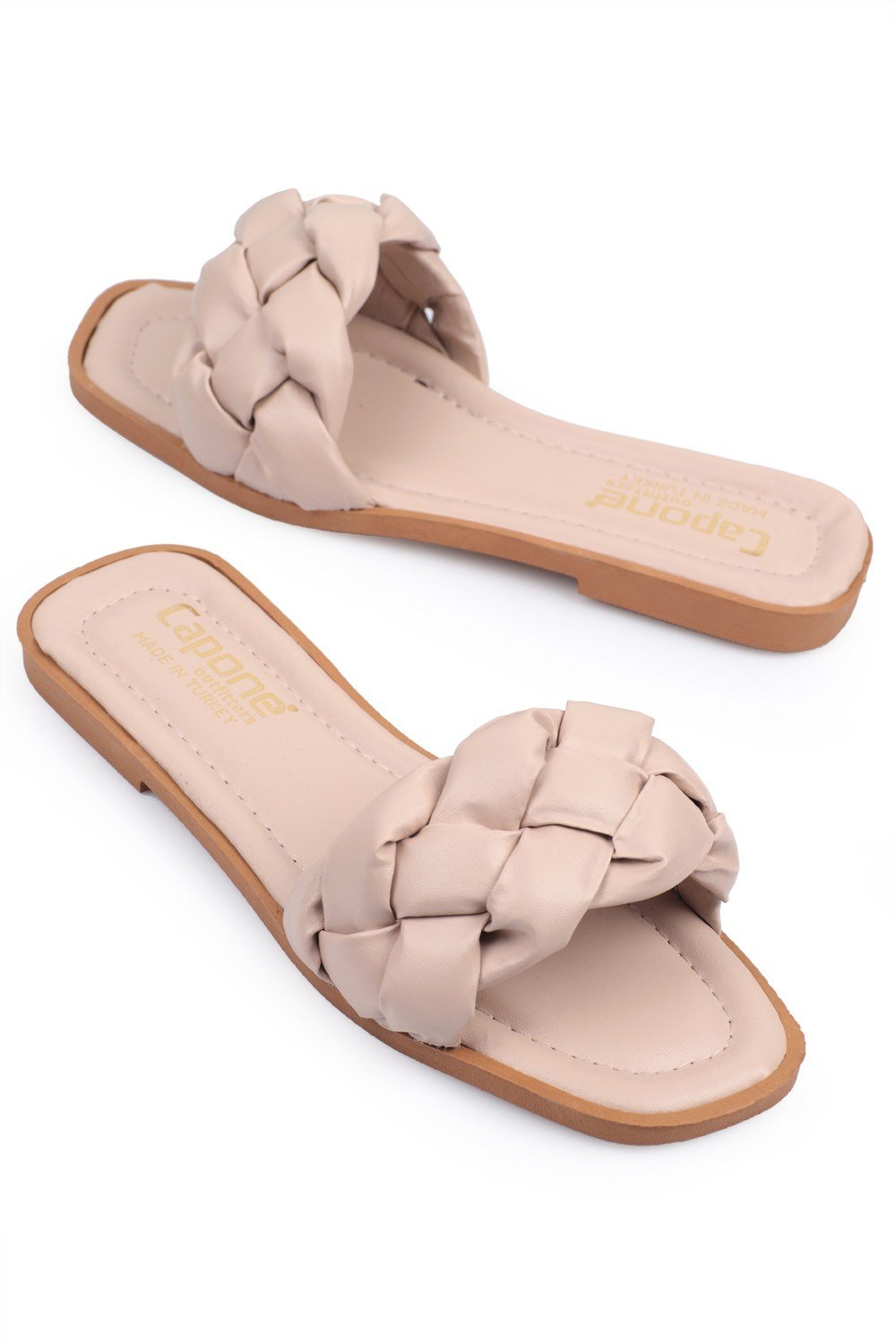 Capone Single Braided Band Soft Sole Blunt Toe Crinkly Patent Leather Women Beige Daily Sandals
