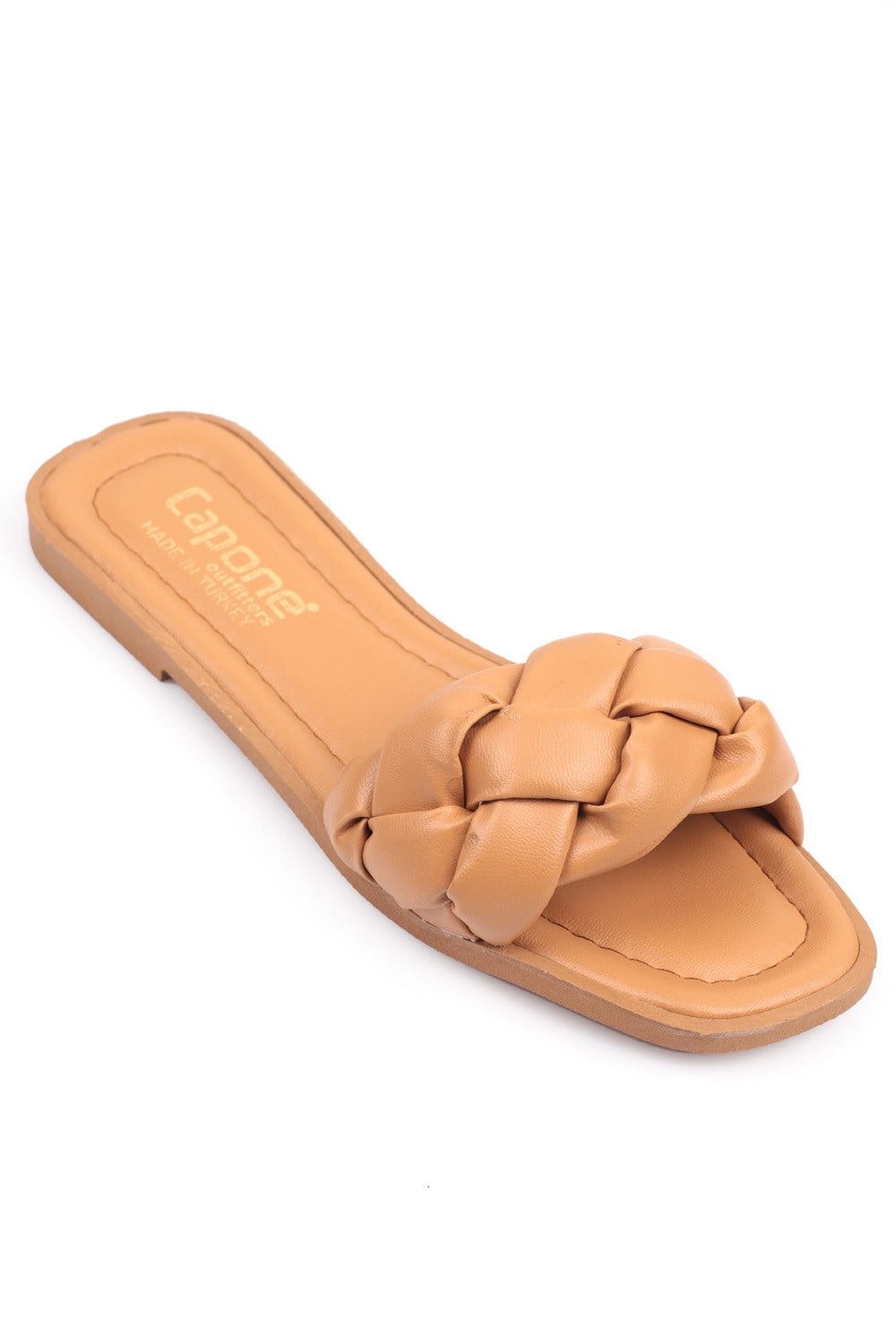 Capone Single Braided Band Soft Sole Blunt Toe Crinkly Patent Leather Women Camel Daily Sandals