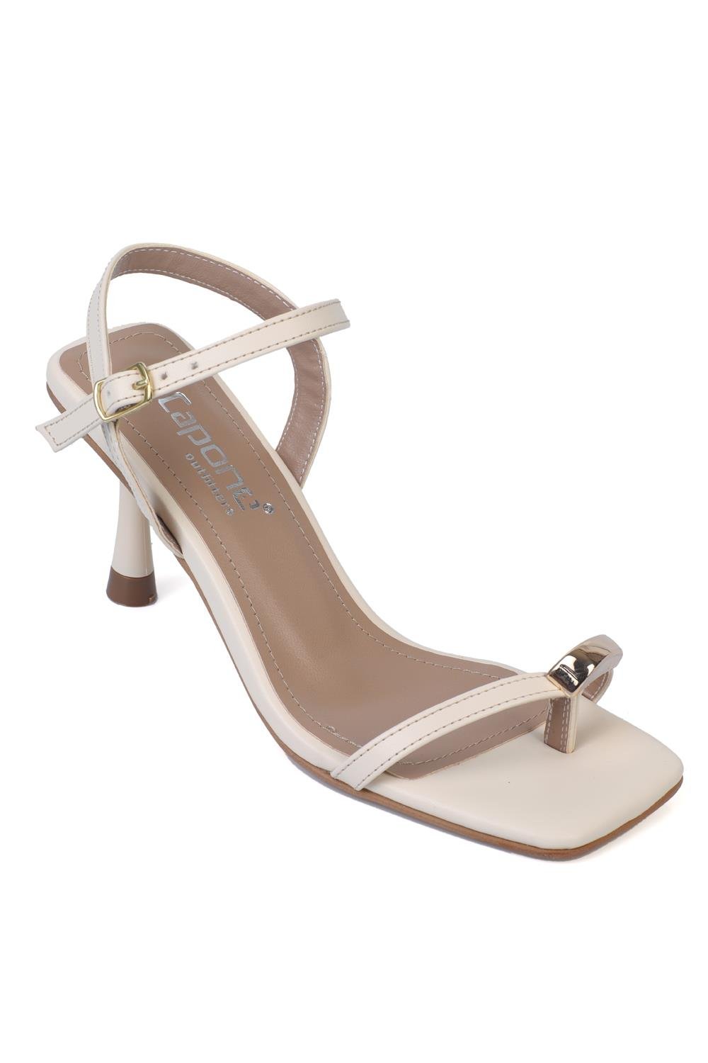 Capone Square Toe Heeled Ankle Strap Toe Detail Women Ecru Sandals