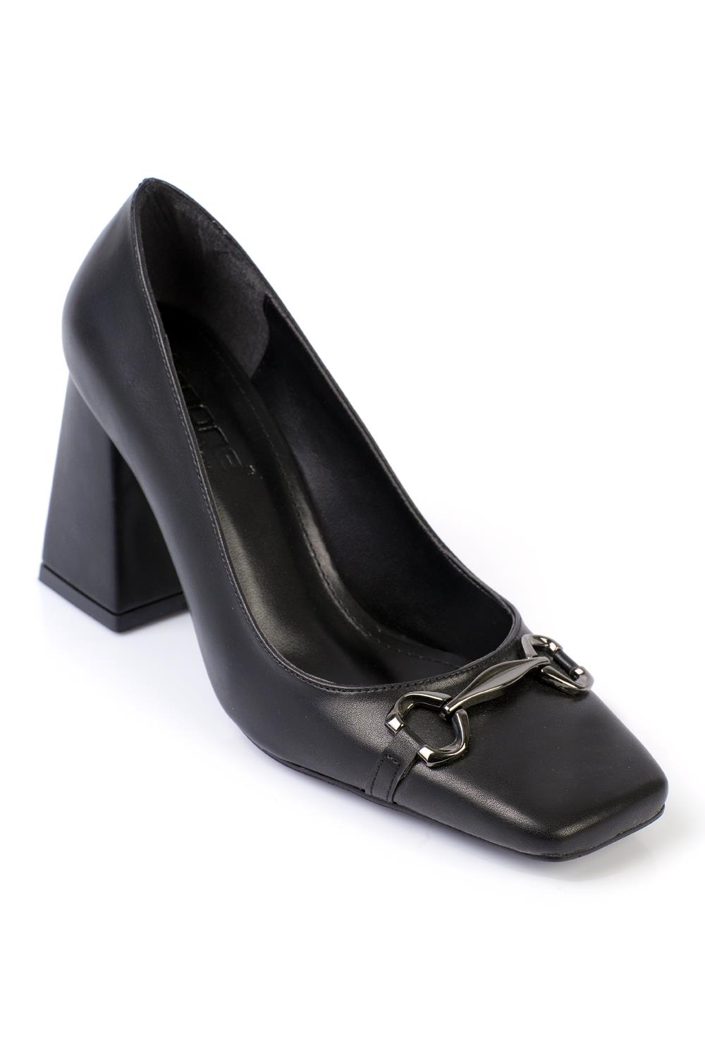 Capone Square-Toe Mid-Heeled Metal Accessorized Women Black Shoes