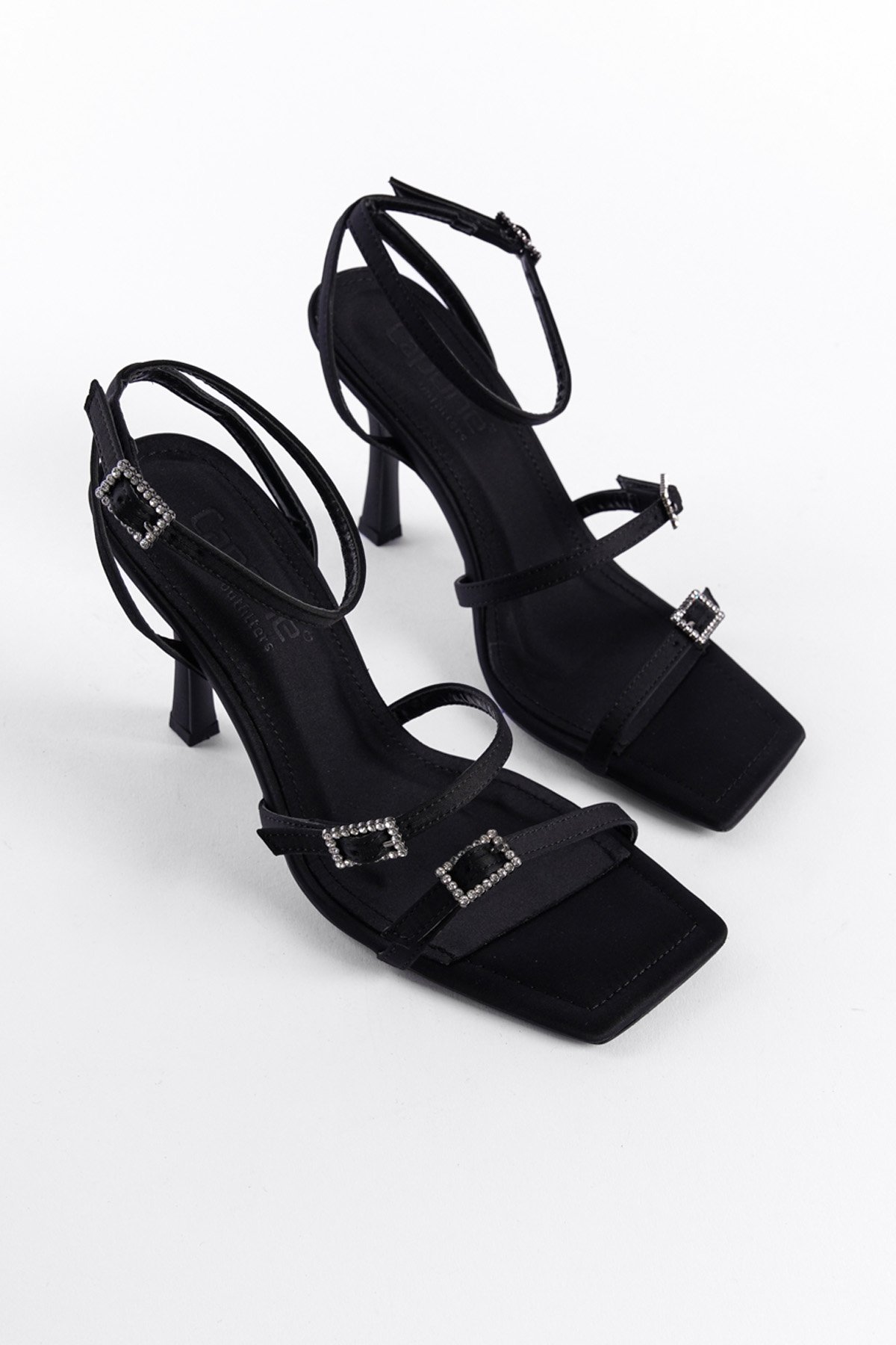 Capone Stone Buckle High Heeled Blunt Toe Women Satin Black Sandals