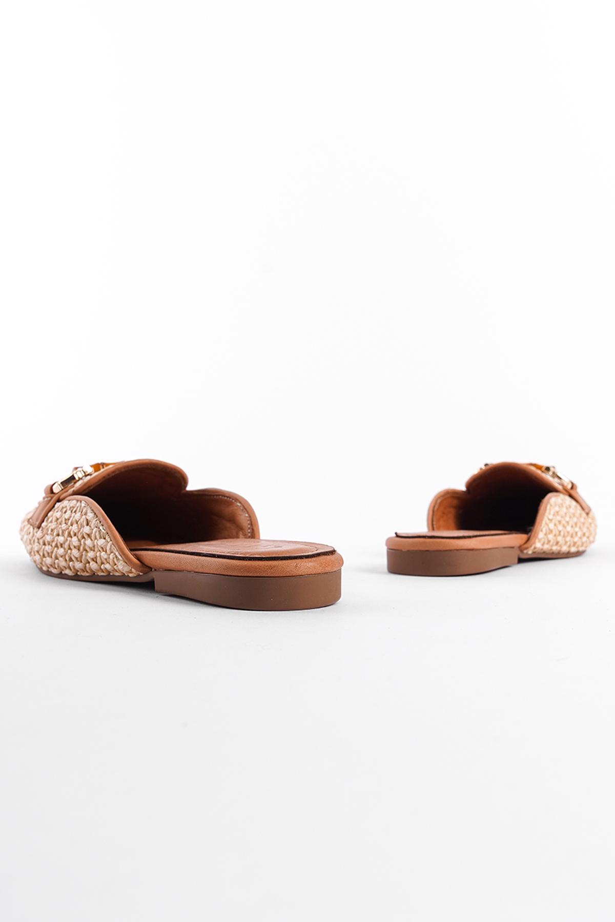 Capone Straw Buckle Genuine Leather Women Tan Short Heeled Closed Women Tan Sandals