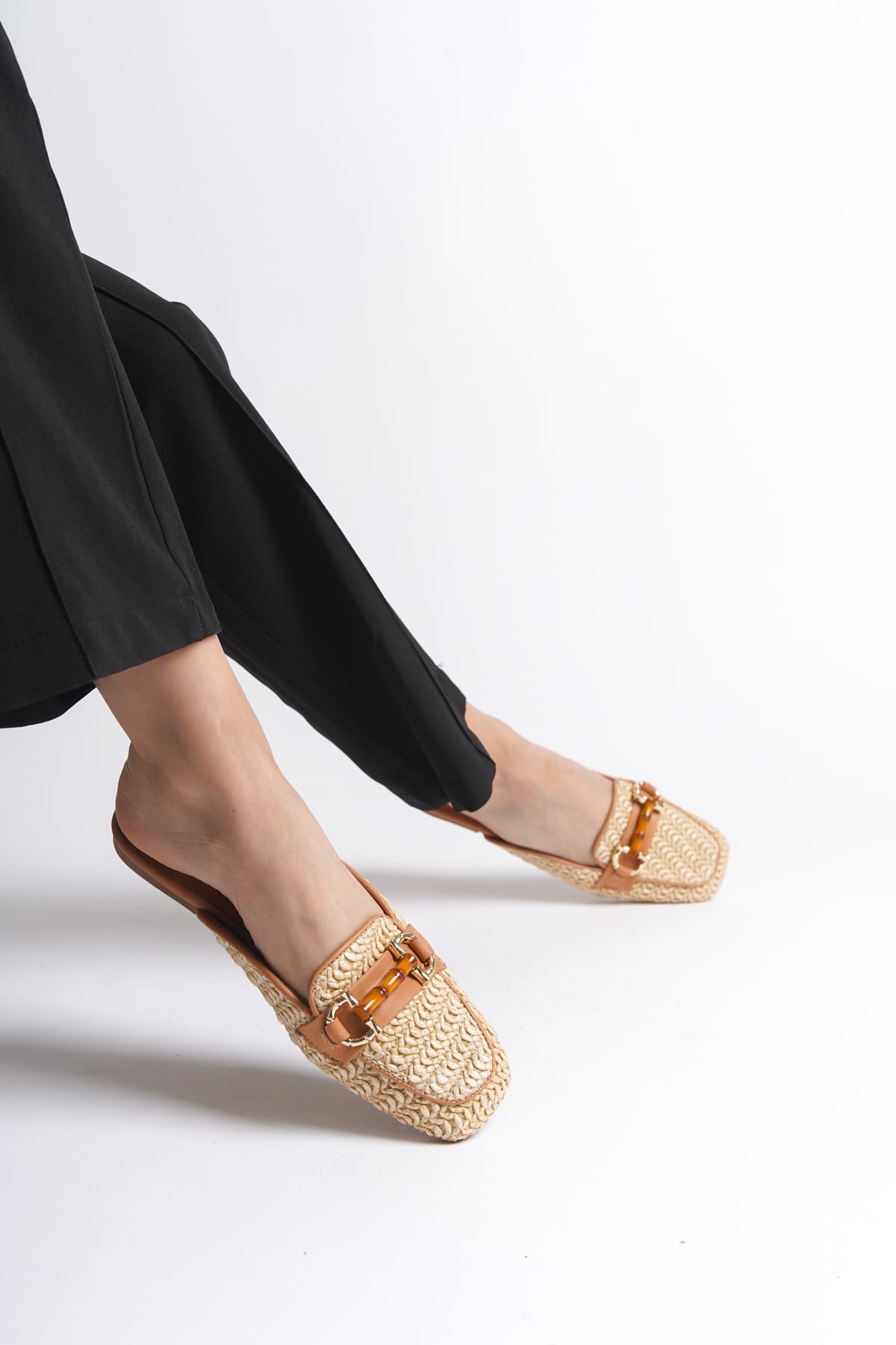 Capone Straw Buckle Genuine Leather Women Tan Short Heeled Closed Women Tan Sandals