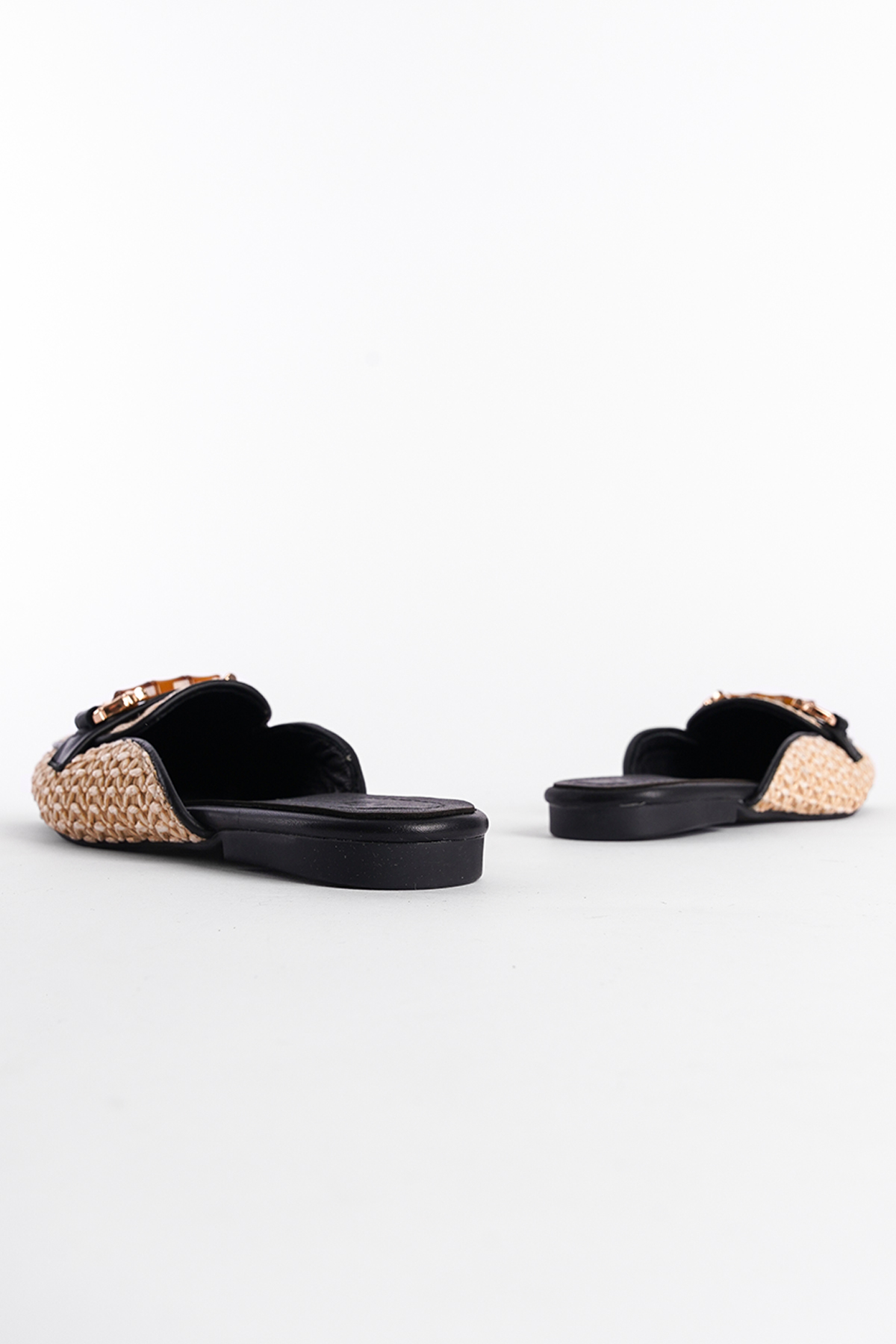 Capone Straw Buckle Genuine Leather Women Black Short Heeled Closed Women Black Sandals