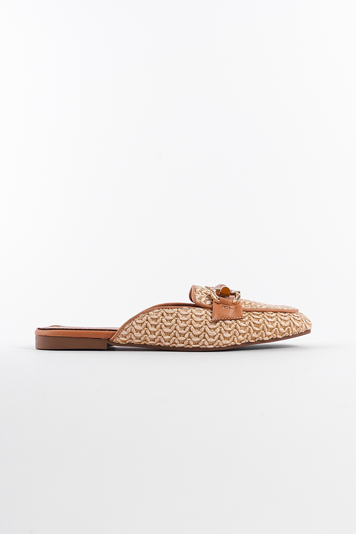 Capone Straw Buckle Genuine Leather Women Tan Short Heeled Closed Women Tan Sandals