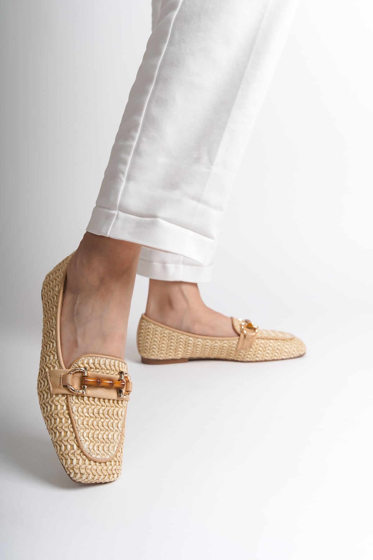 Capone Straw Buckle Genuine Leather Women Nude Loafer Women Nude Shoes