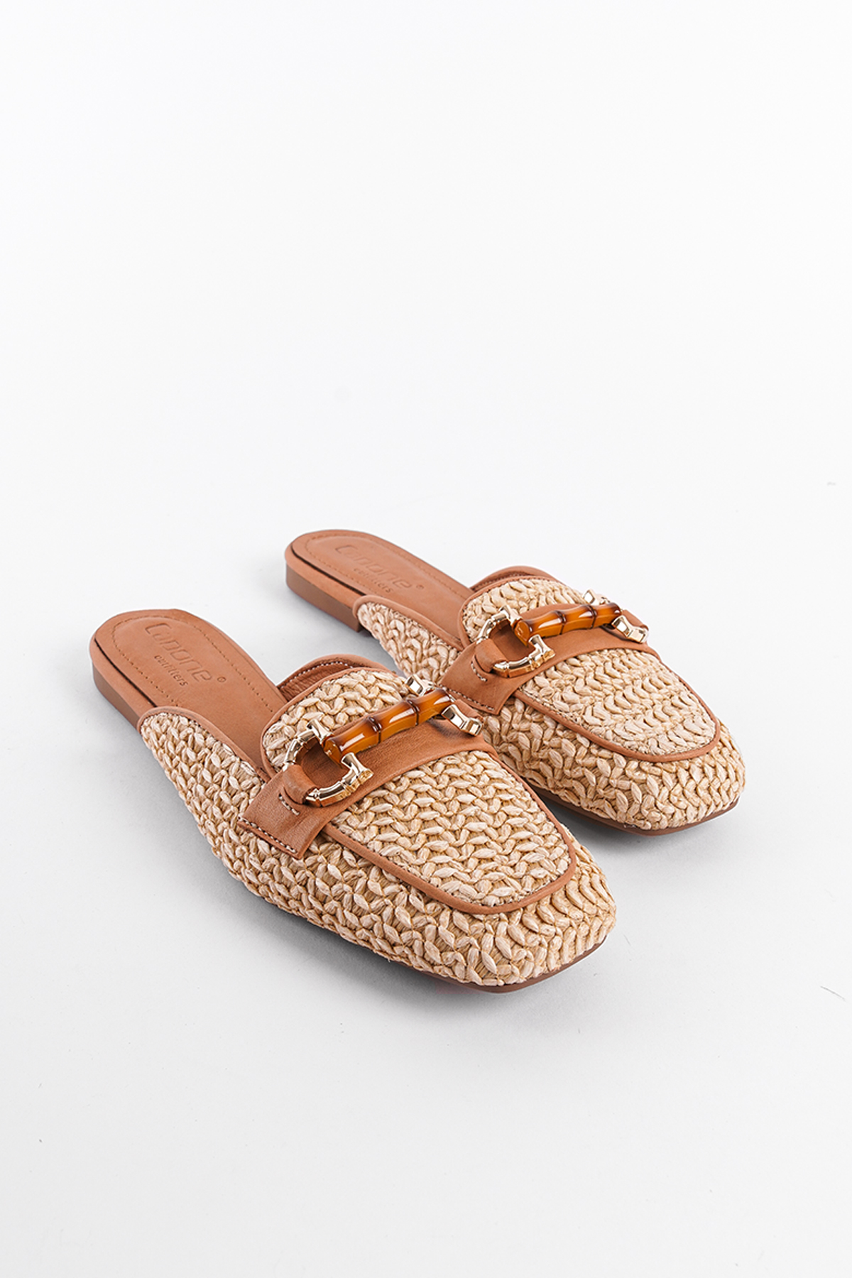 Capone Straw Buckle Genuine Leather Women Tan Short Heeled Closed Women Tan Sandals