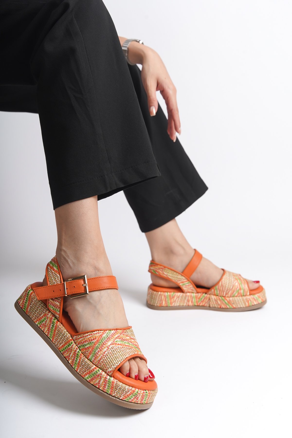 Capone Straw Genuine Leather Ankle Strap Women Orange Sandals