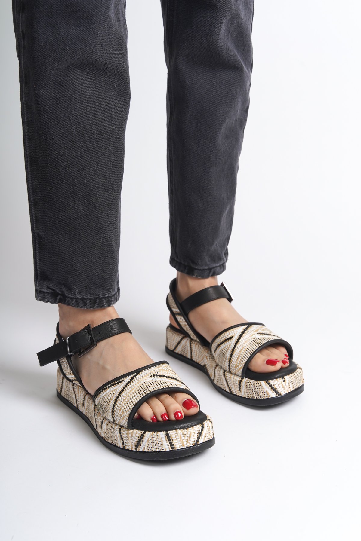 Capone Straw Genuine Leather Ankle Strap Women Black Sandals