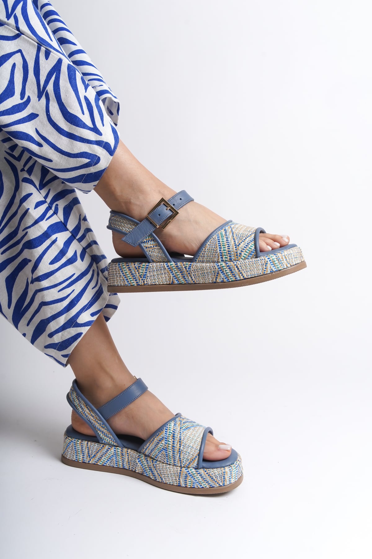 Capone Straw Genuine Leather Ankle Strap Women Blue Sandals