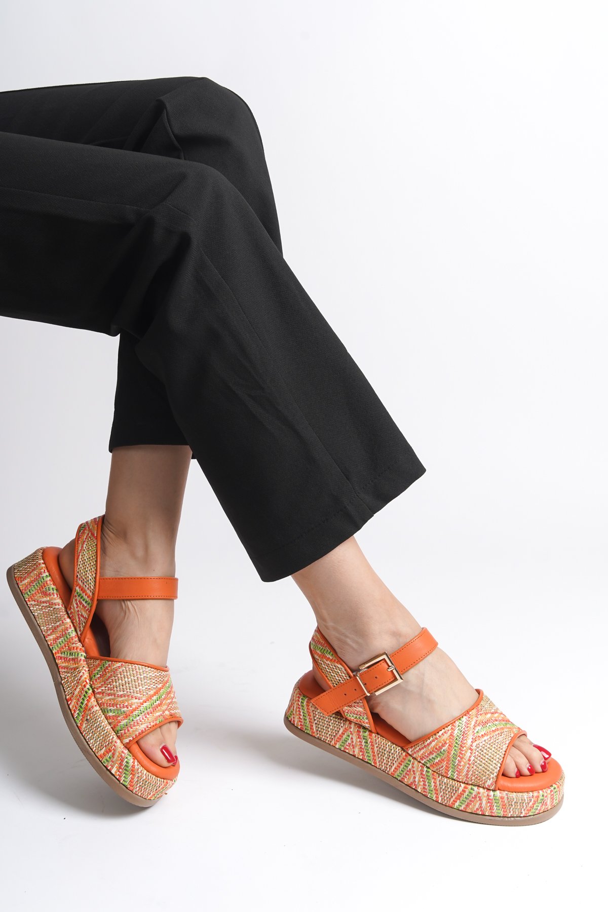 Capone Straw Genuine Leather Ankle Strap Women Orange Sandals