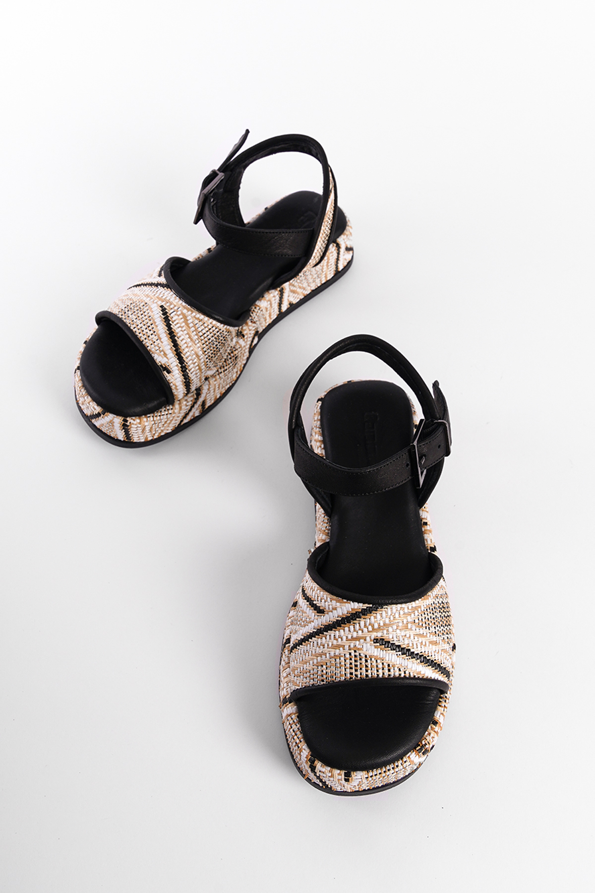 Capone Straw Genuine Leather Ankle Strap Women Black Sandals