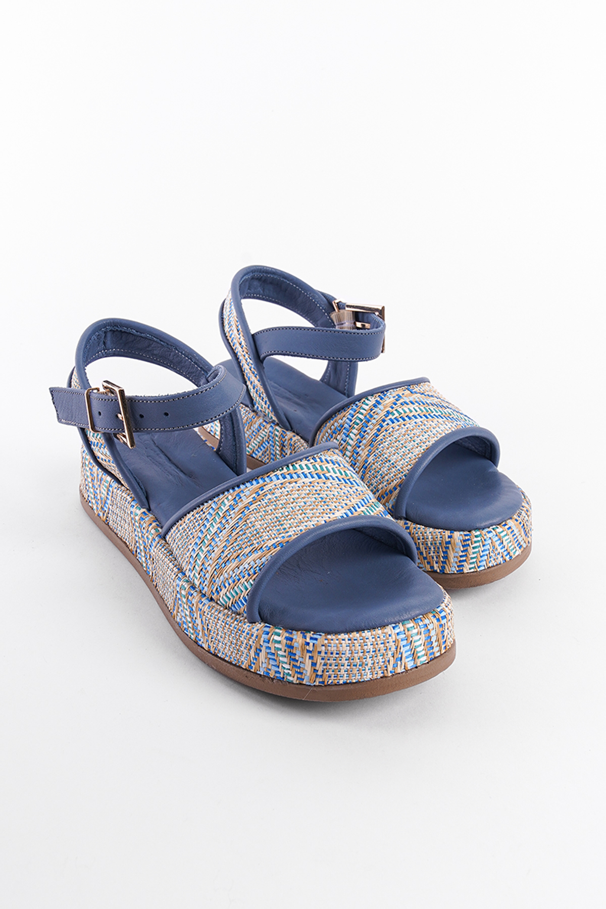 Capone Straw Genuine Leather Ankle Strap Women Blue Sandals