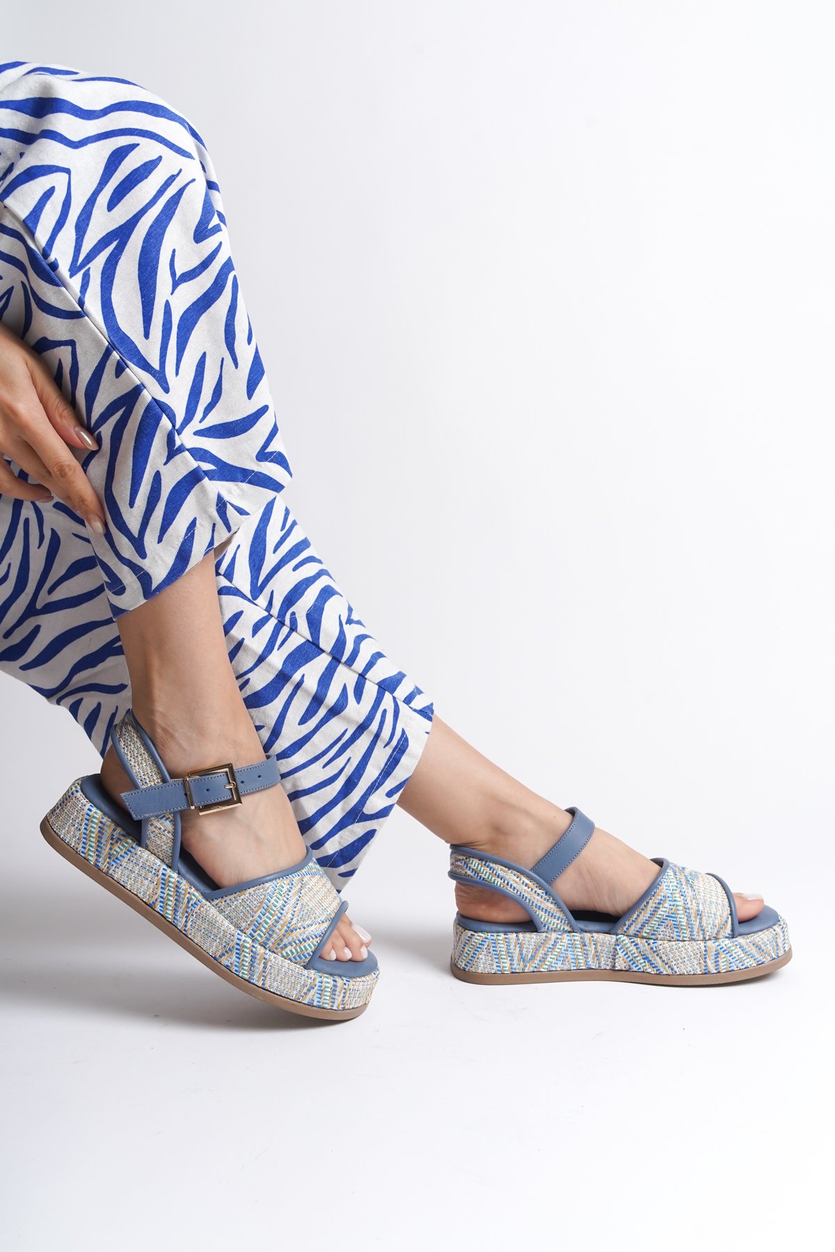 Capone Straw Genuine Leather Ankle Strap Women Blue Sandals