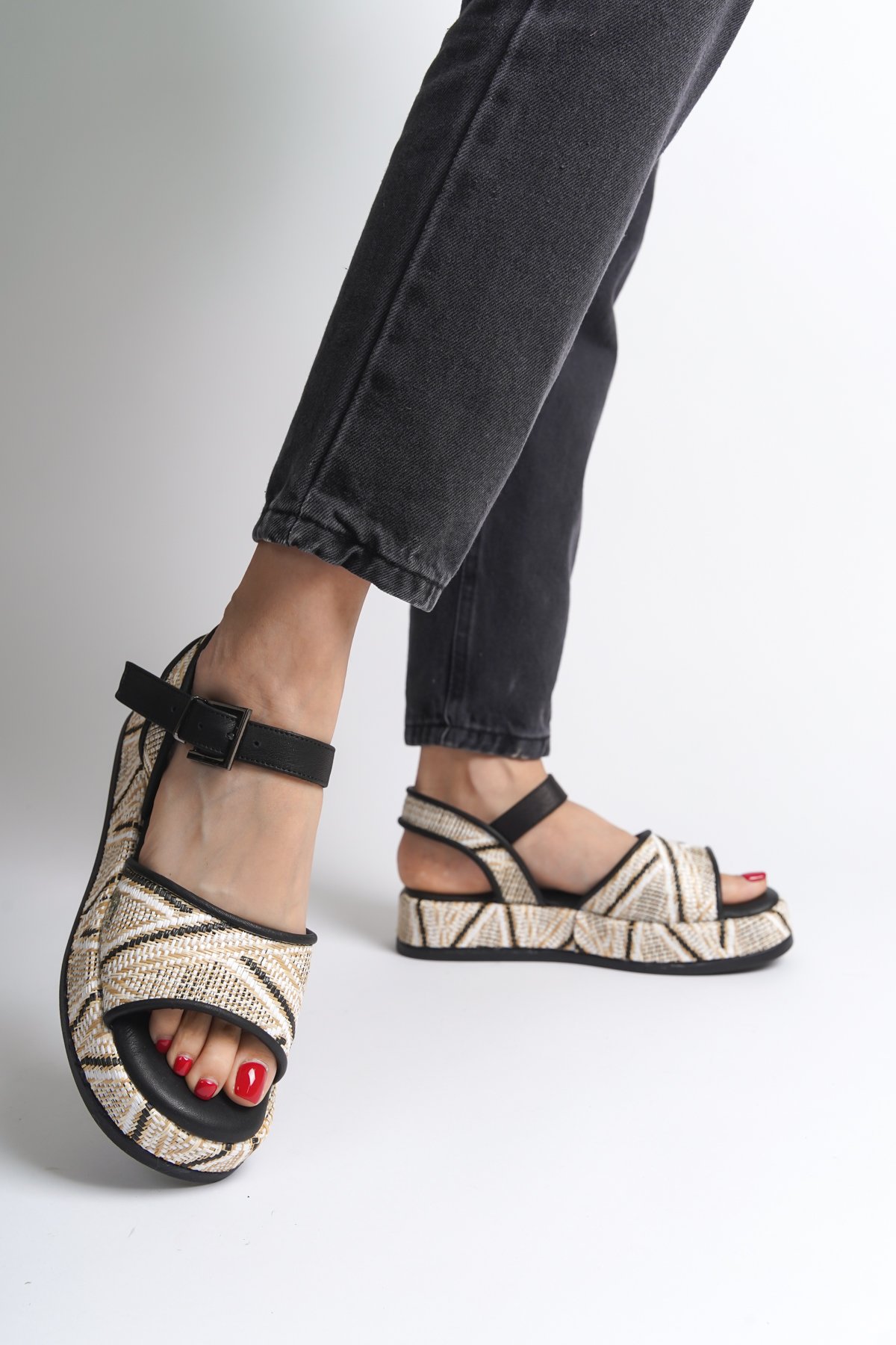 Capone Straw Genuine Leather Ankle Strap Women Black Sandals