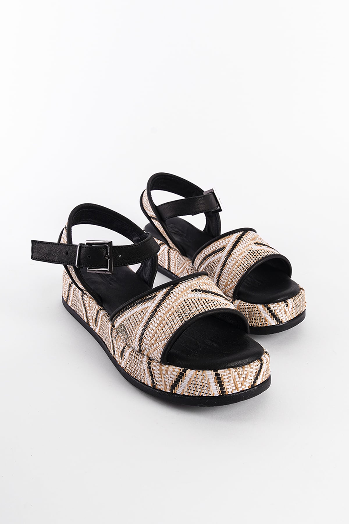 Capone Straw Genuine Leather Ankle Strap Women Black Sandals