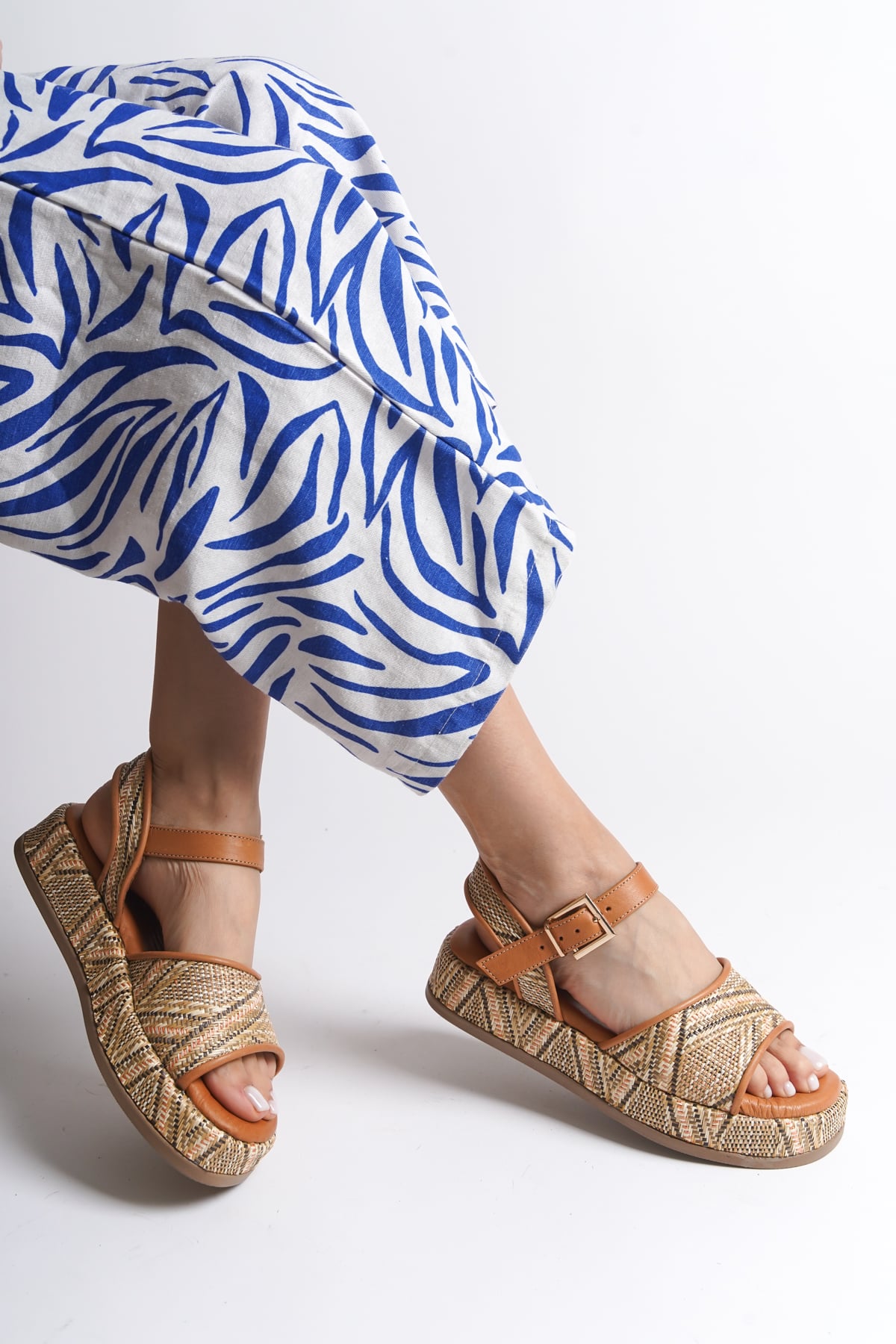 Capone Straw Genuine Leather Ankle Strap Women Tan Sandals