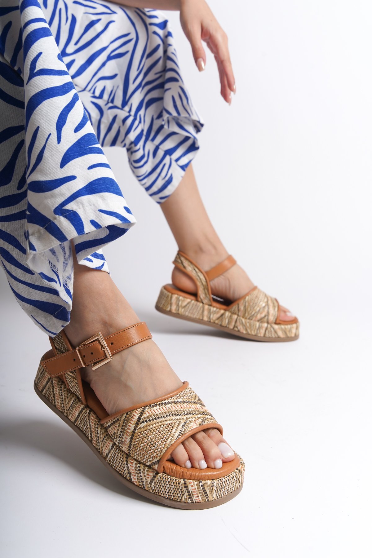 Capone Straw Genuine Leather Ankle Strap Women Tan Sandals