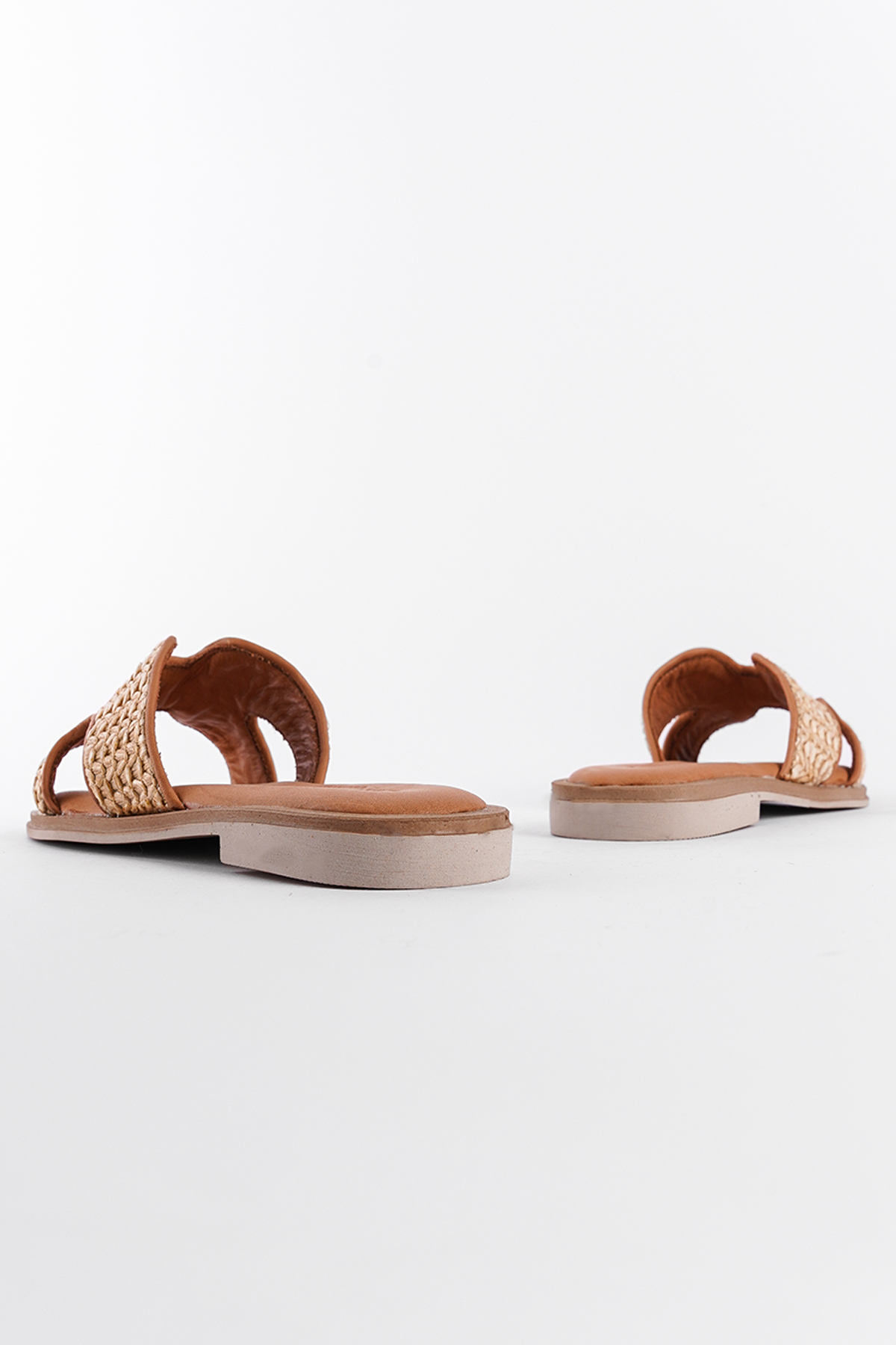 Capone Straw Genuine Leather H-Strapped Flat Heeled Women Tan Sandals