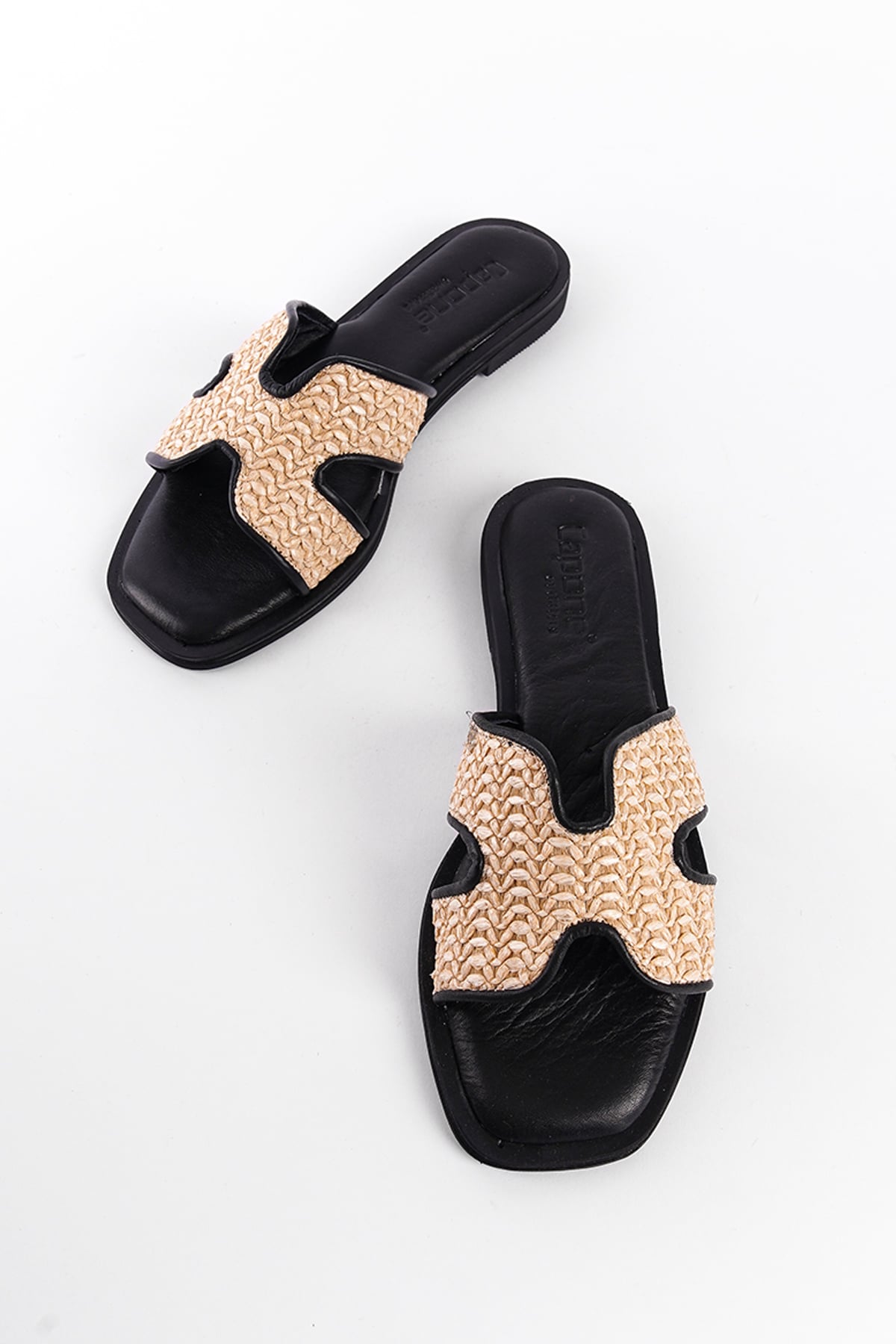 Capone Straw Genuine Leather H-Strapped Flat Heeled Women Black Sandals