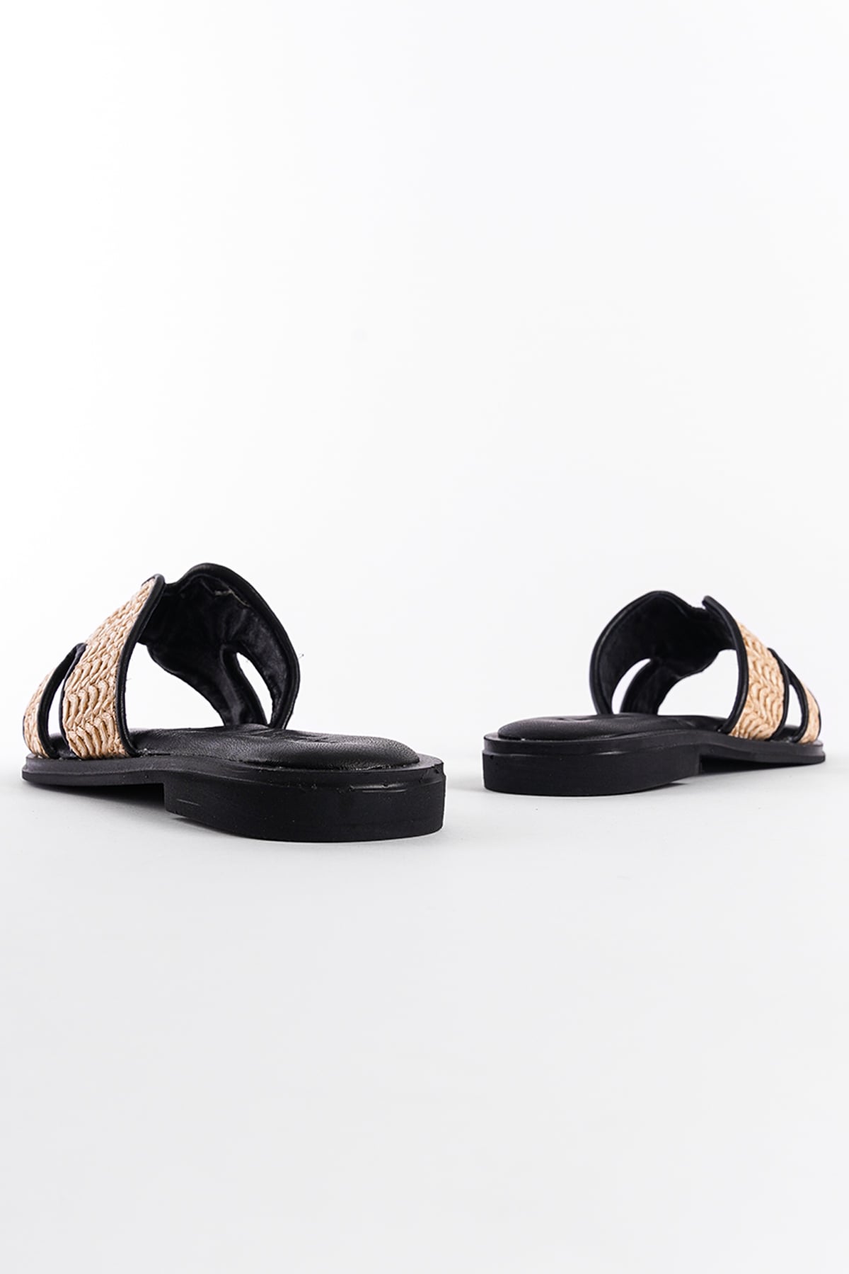 Capone Straw Genuine Leather H-Strapped Flat Heeled Women Black Sandals