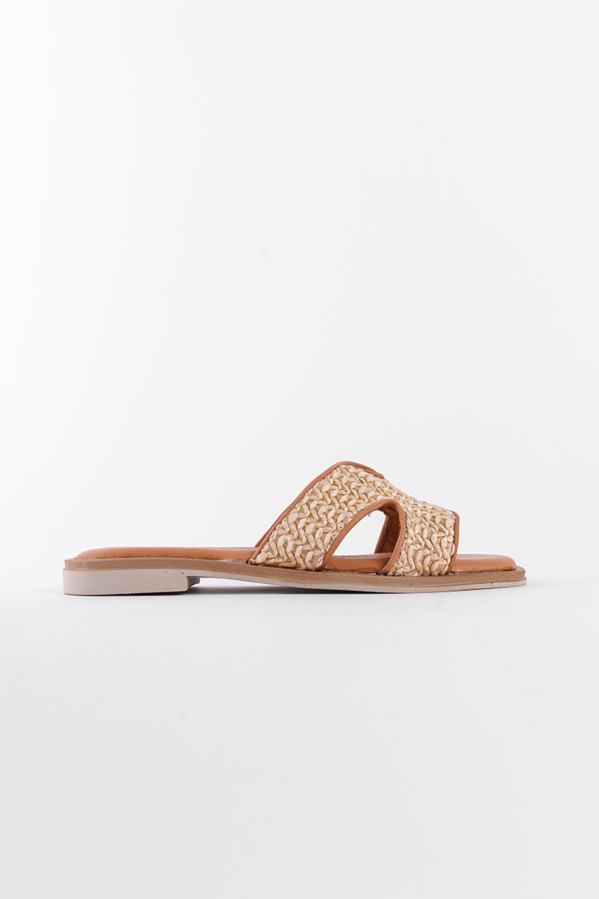 Capone Straw Genuine Leather H-Strapped Flat Heeled Women Tan Sandals