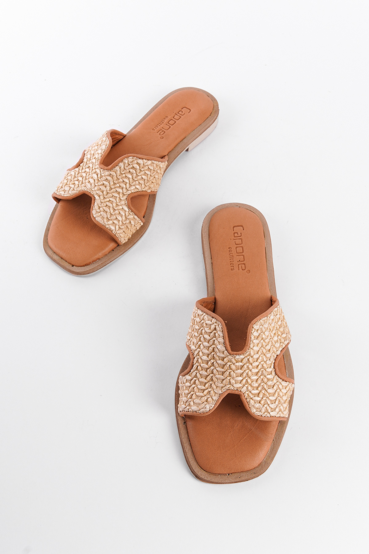 Capone Straw Genuine Leather H-Strapped Flat Heeled Women Tan Sandals