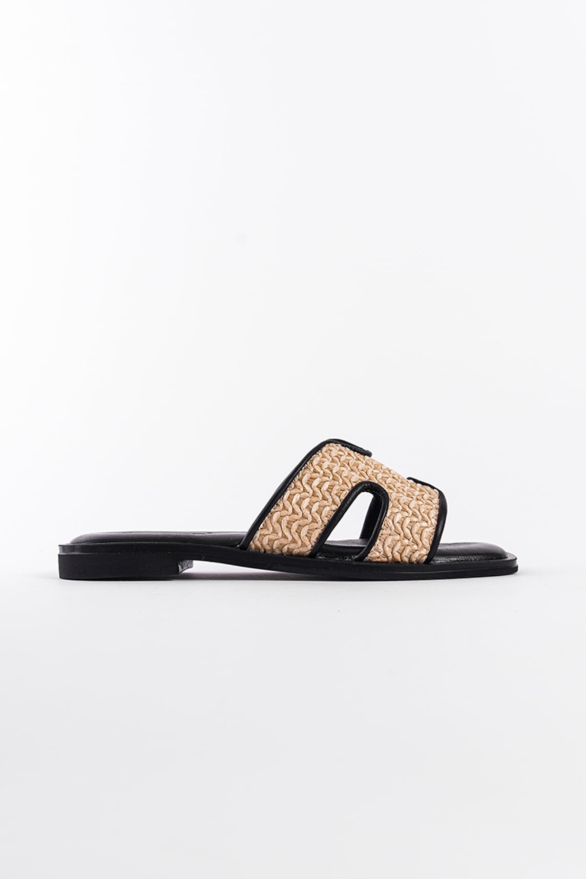 Capone Straw Genuine Leather H-Strapped Flat Heeled Women Black Sandals