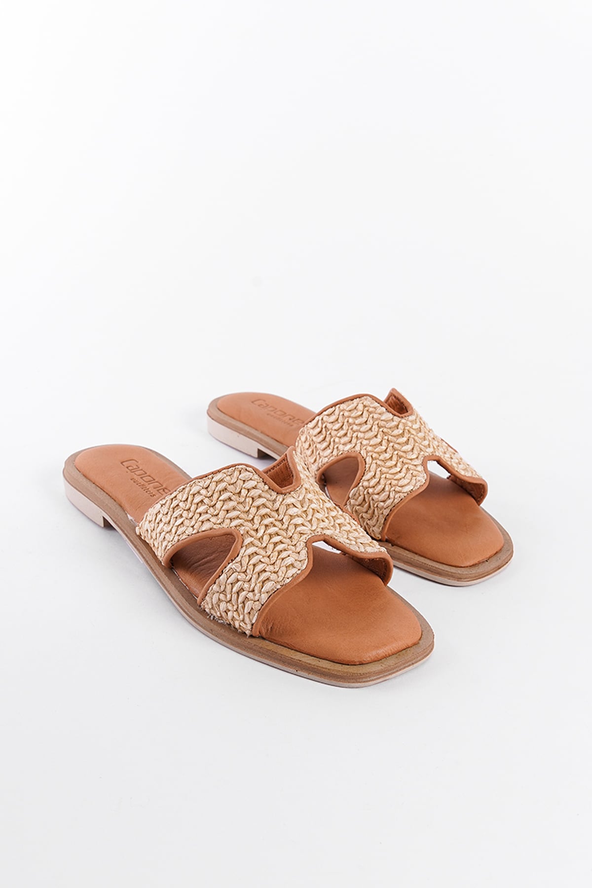 Capone Straw Genuine Leather H-Strapped Flat Heeled Women Tan Sandals