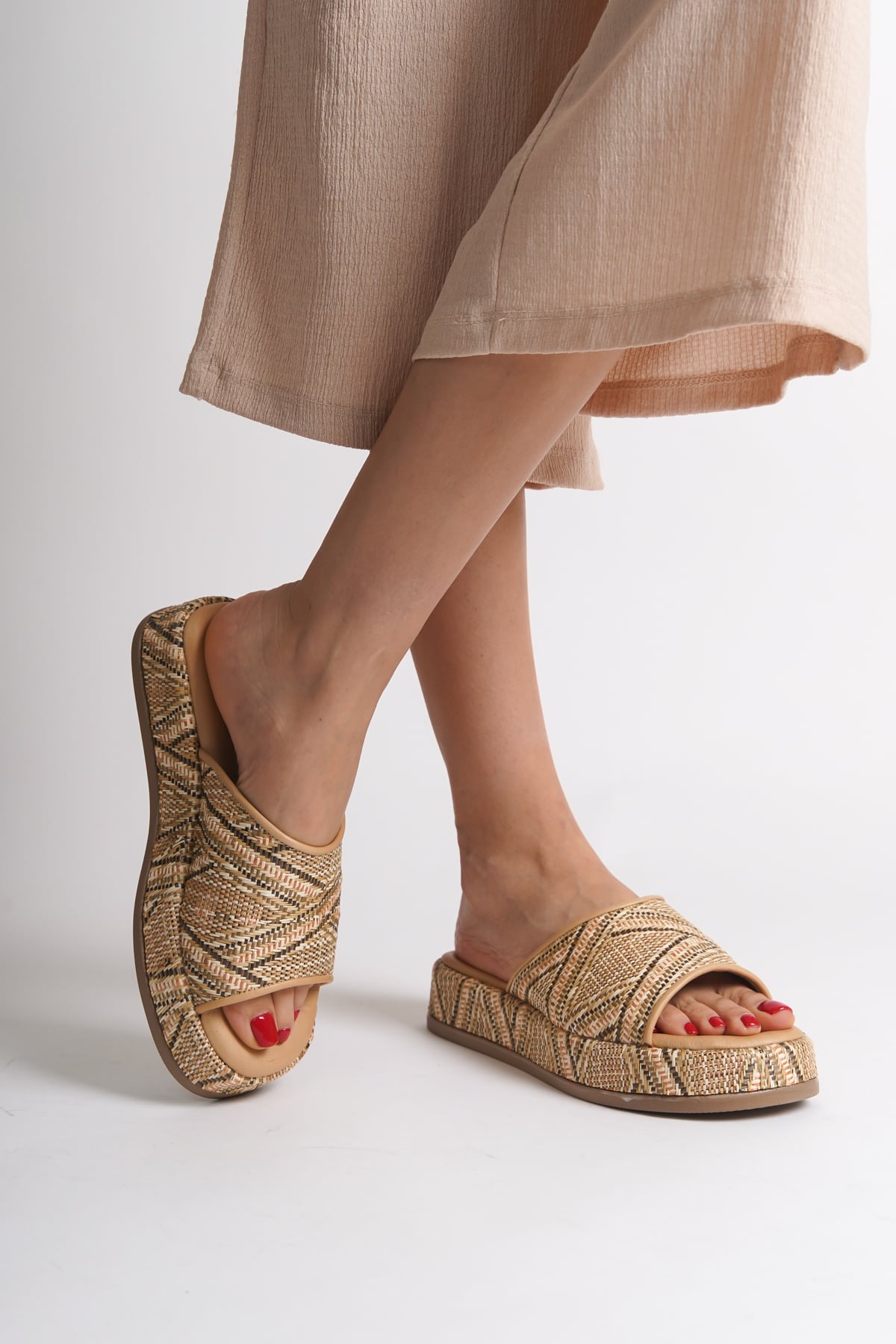 Capone Straw Genuine Leather Single Strap Women Nude Sandals