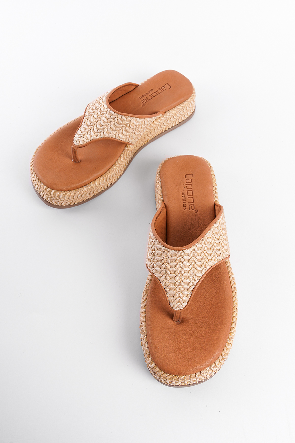 Capone Straw Genuine Leather Women Tan Thong Sandals